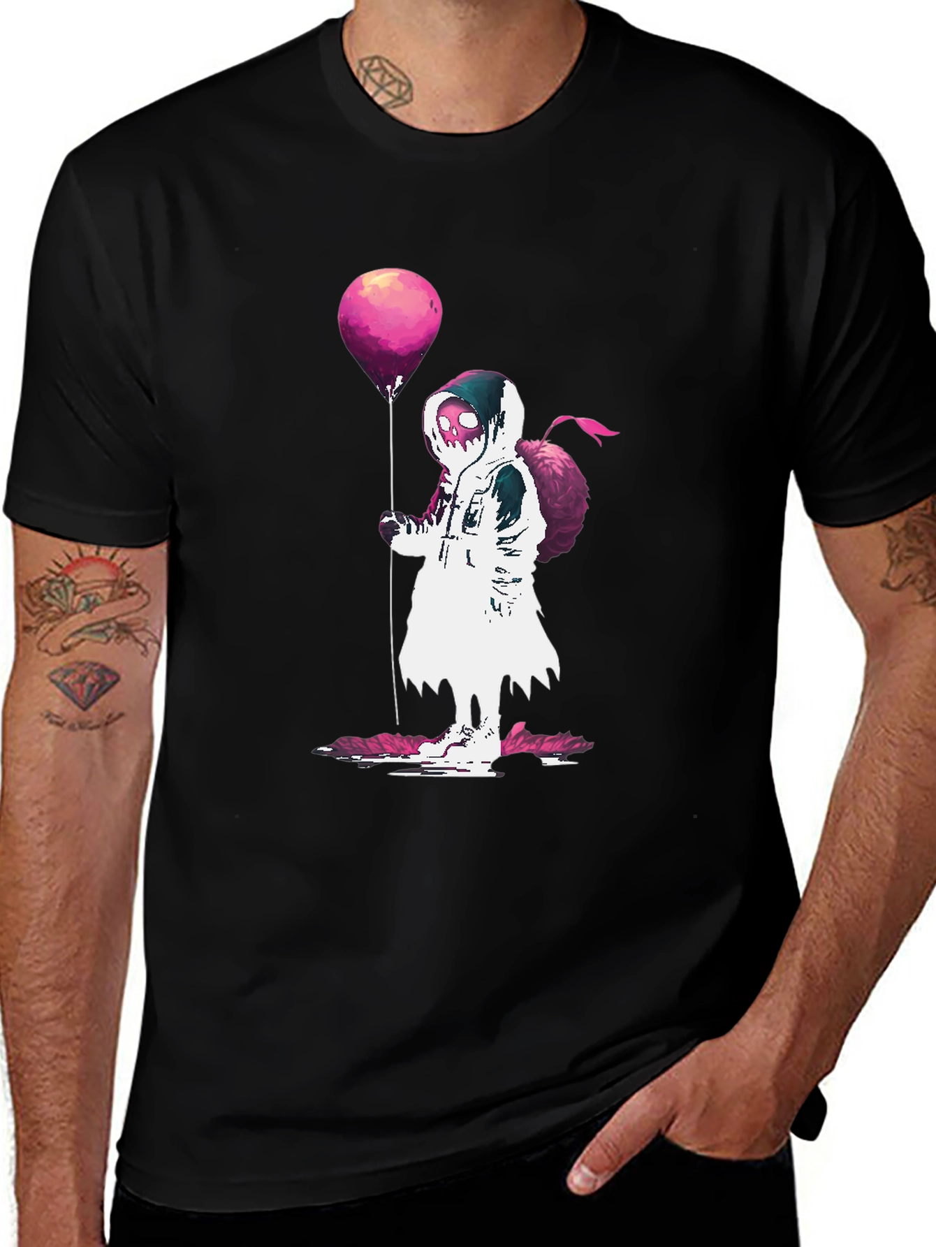 Hooded Figure Holding Balloon Graphic T-Shirt