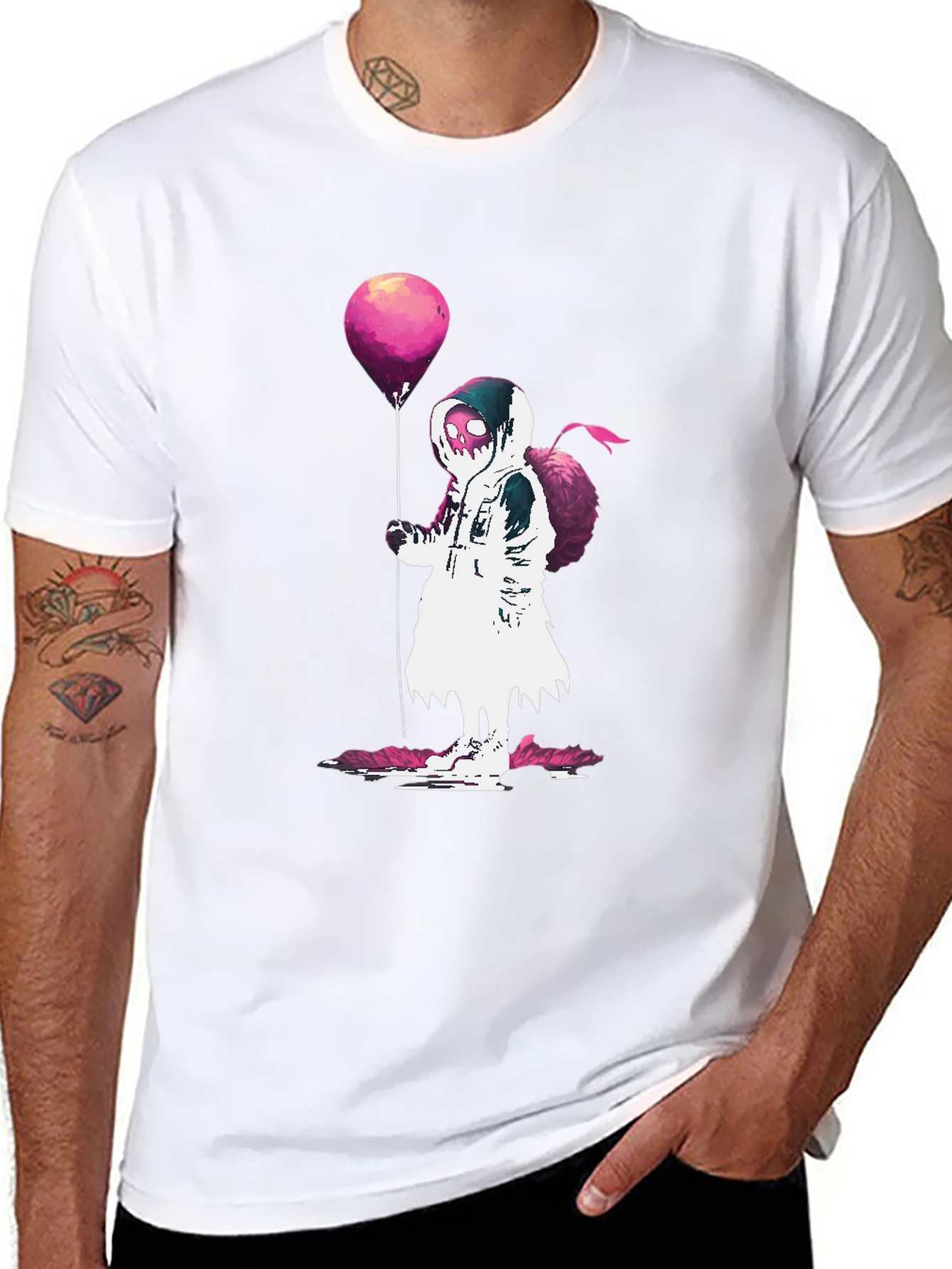 Hooded Figure Holding Balloon Graphic T-Shirt