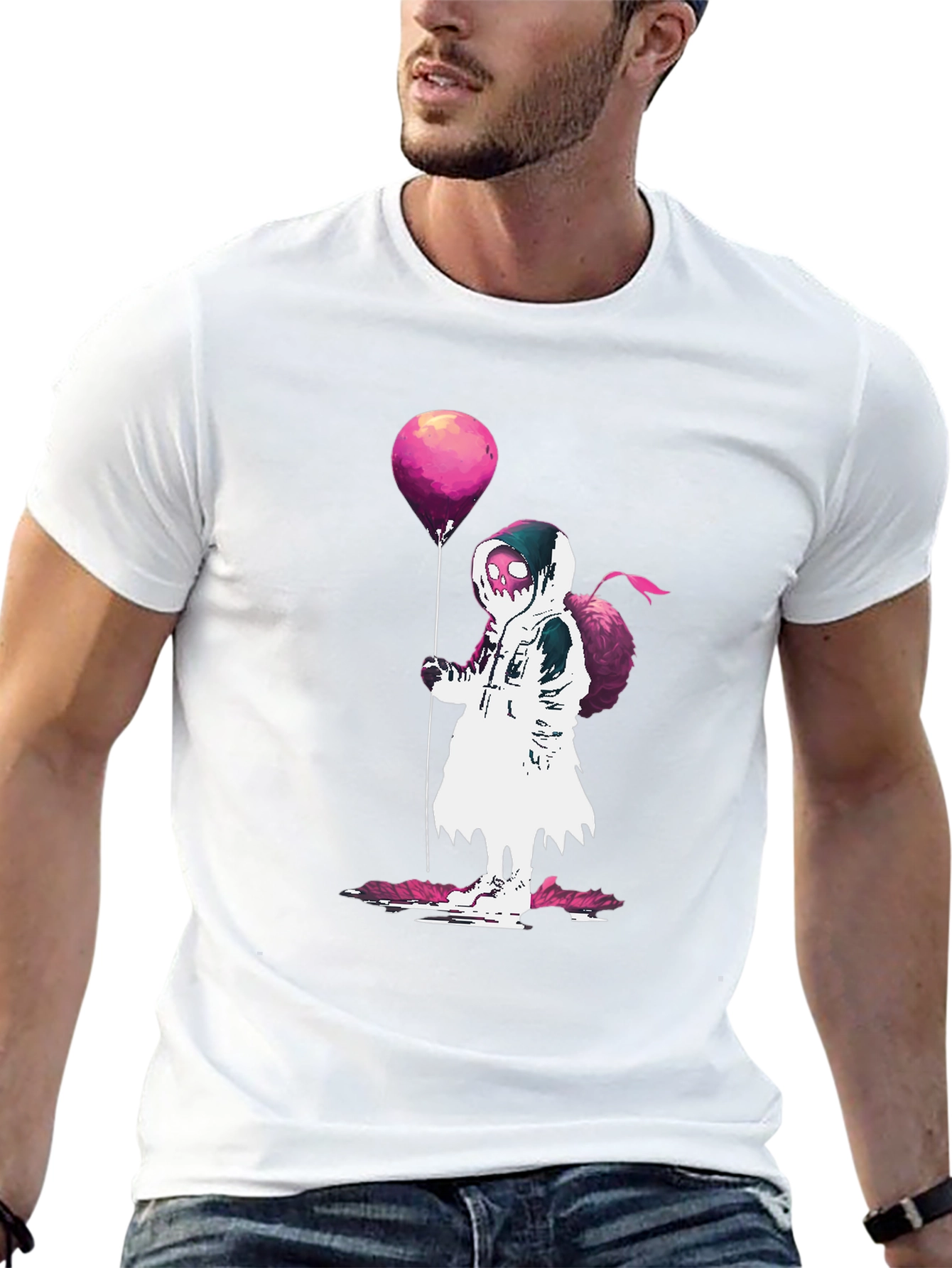 Hooded Figure Holding Balloon Graphic T-Shirt