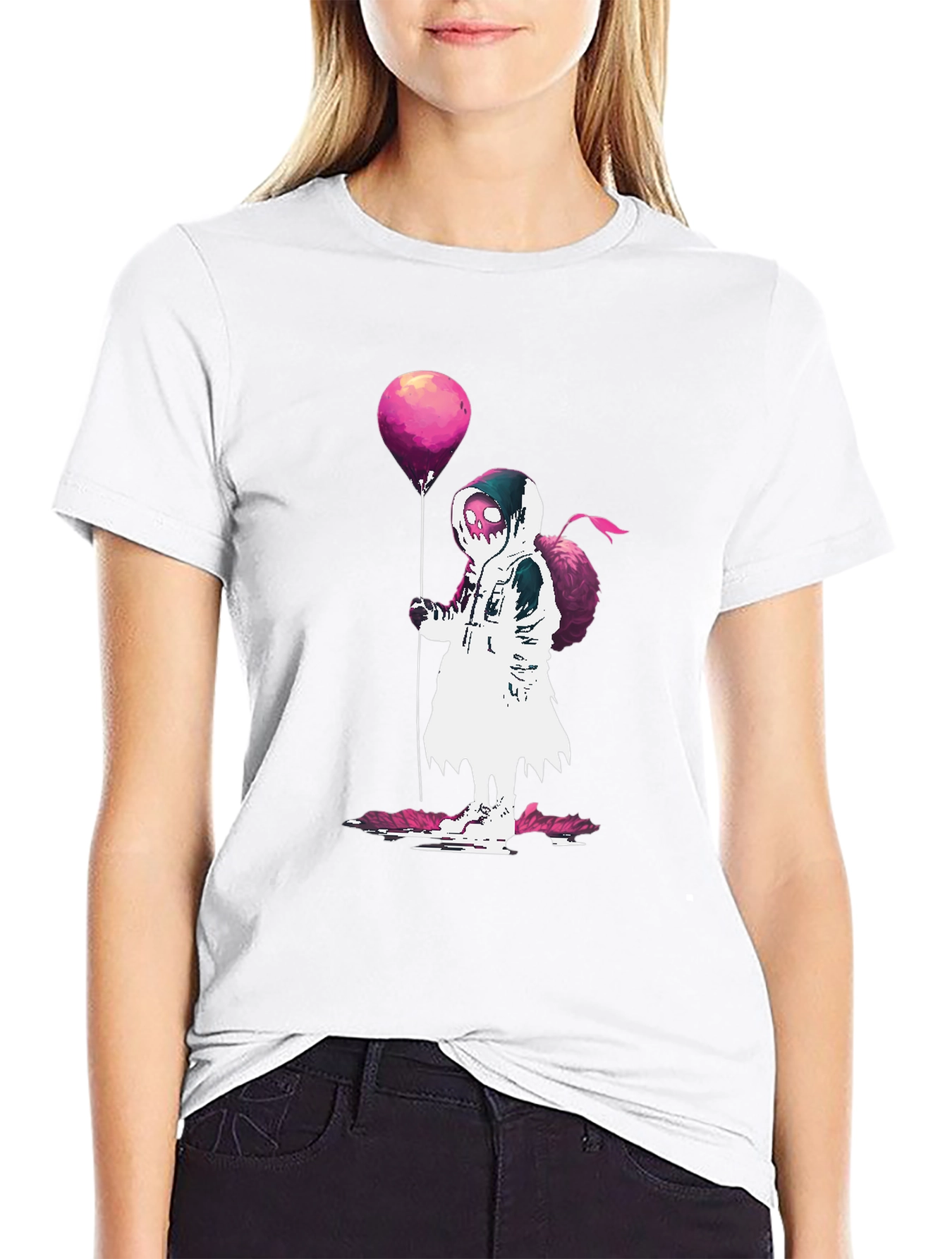 Hooded Figure Holding Balloon Graphic T-Shirt