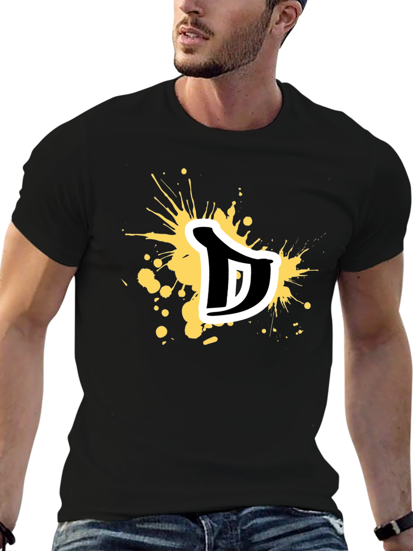 Mens Black Graphic T-Shirt - Letter D Splatter Design