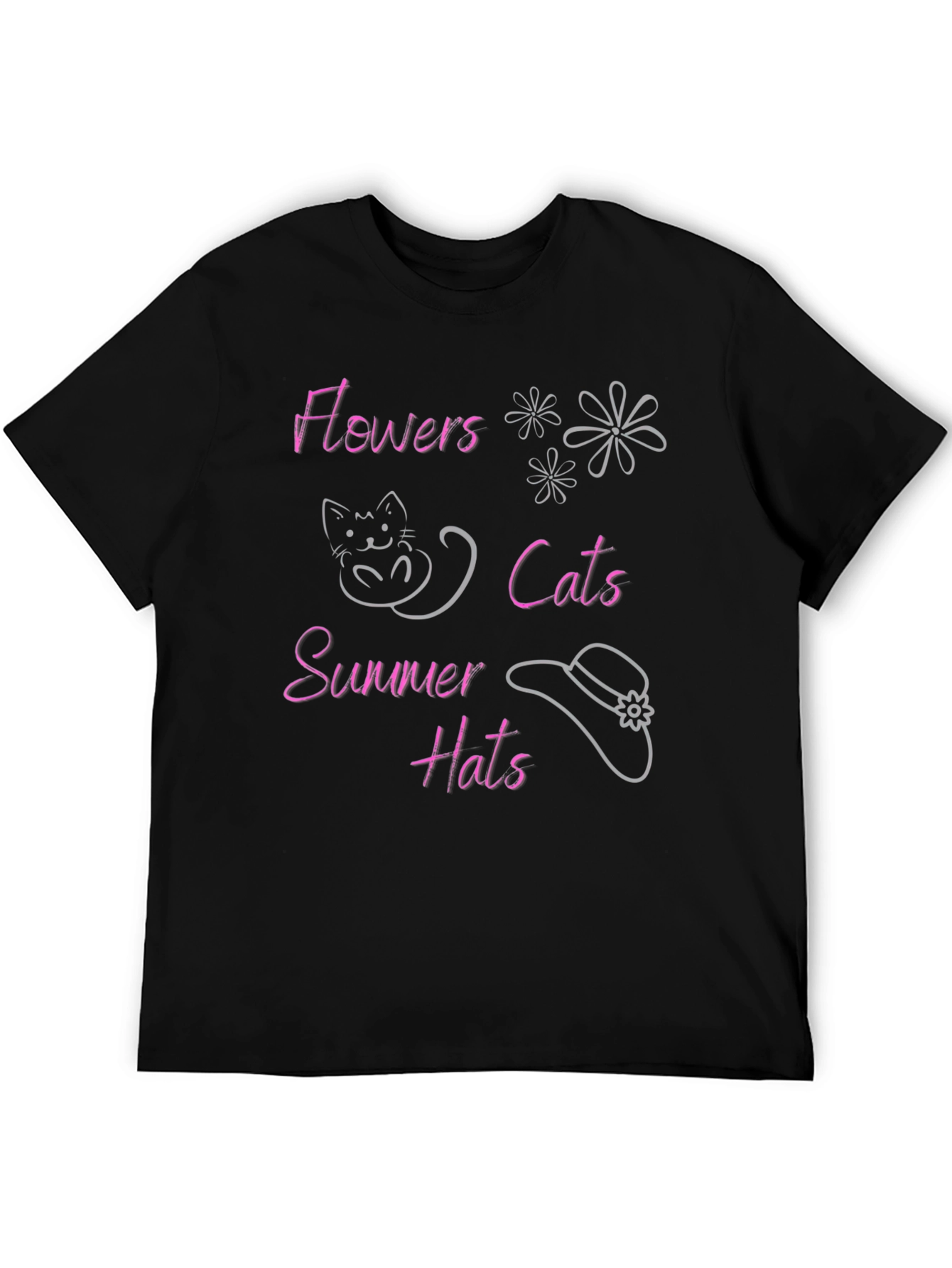 Flowers Cats Summer Hats Black T-Shirt
