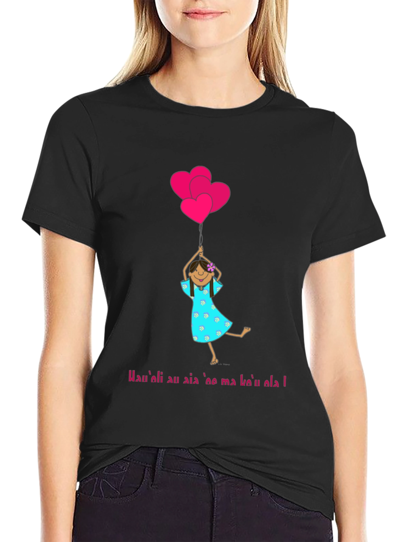 Girl with Heart Balloons Black T-Shirt