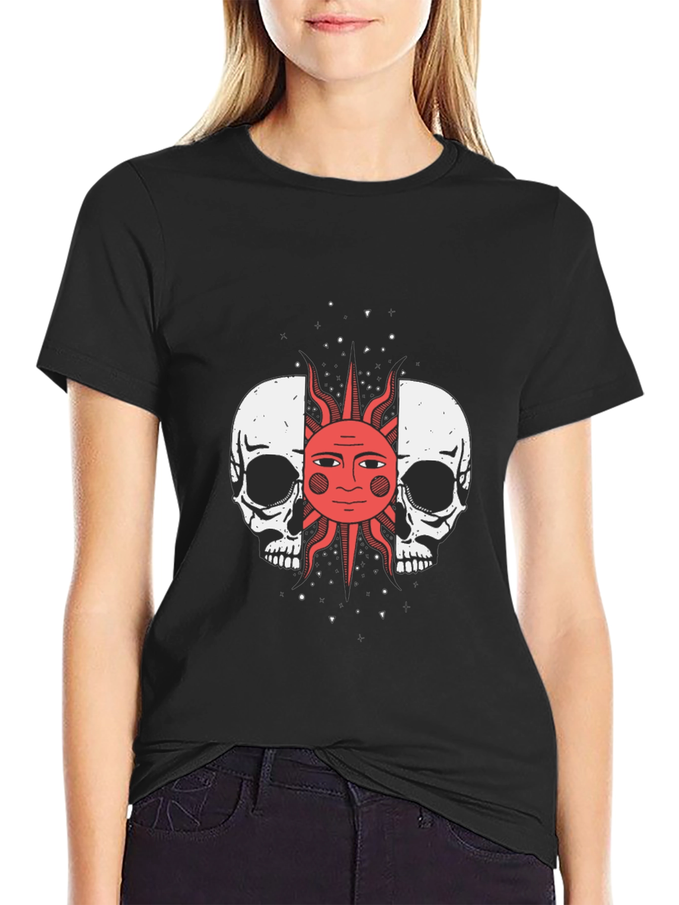 Skull and Sun Graphic Tee - Black Cotton T-Shirt