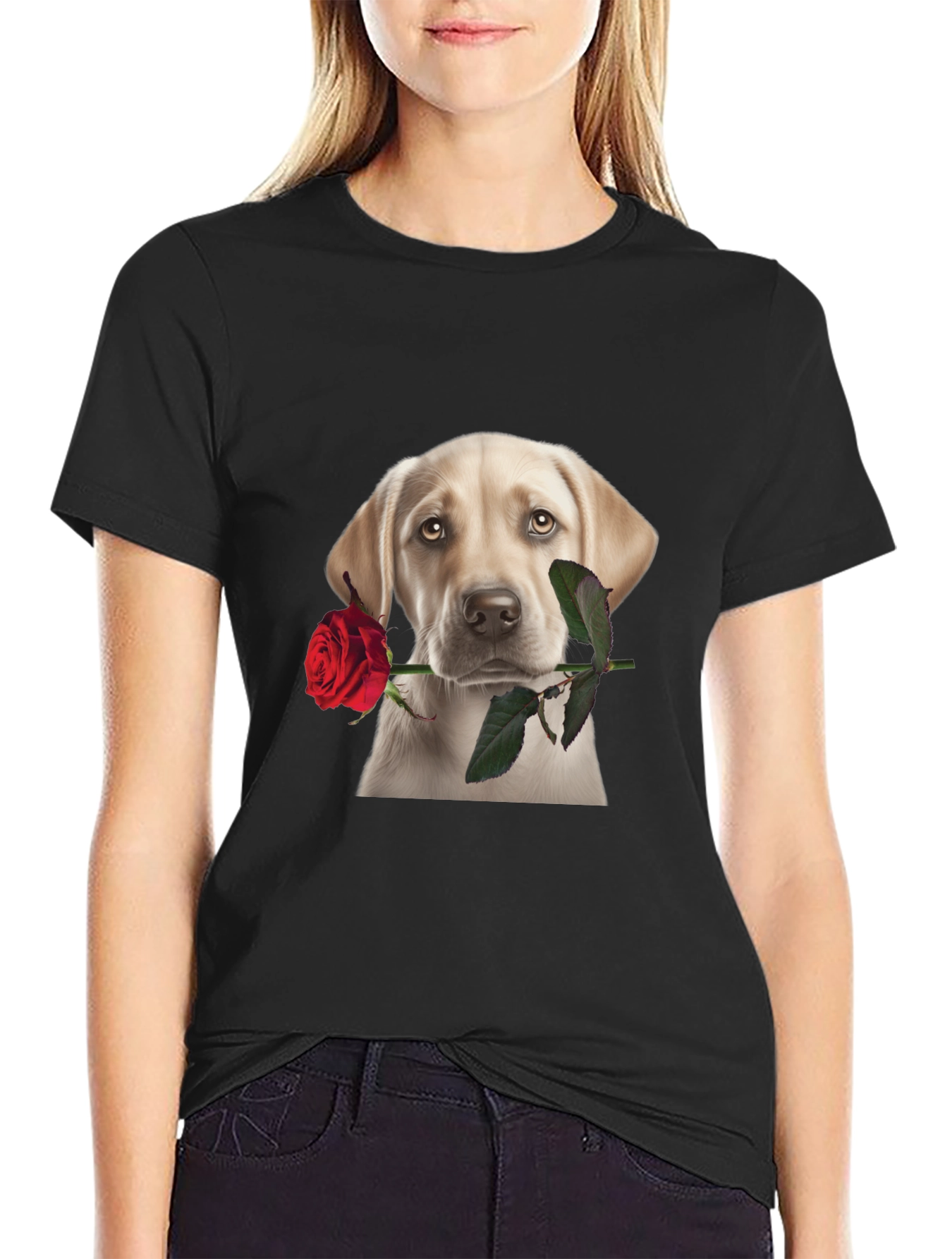 Dog with Rose Graphic T-Shirt