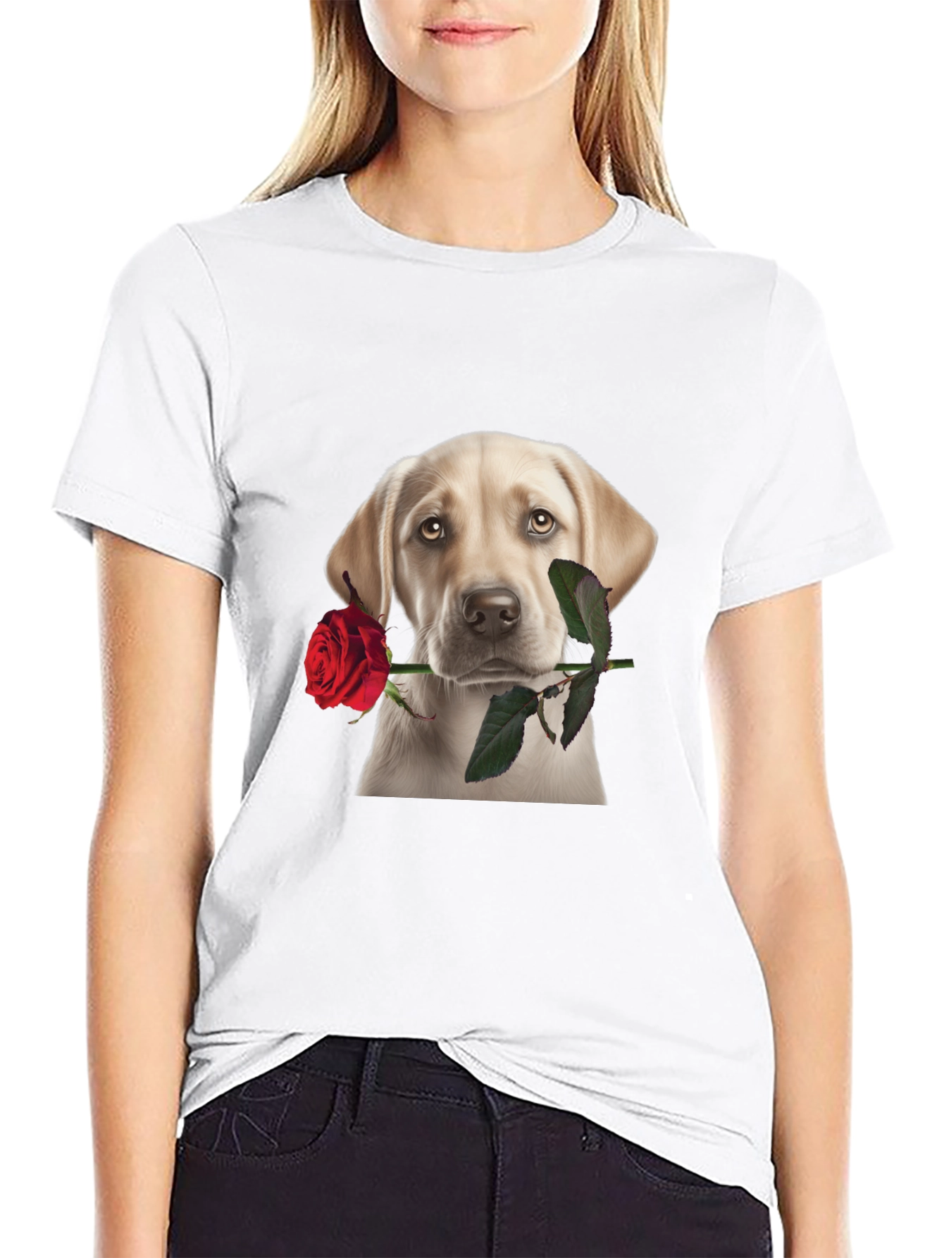 Dog with Rose Graphic T-Shirt