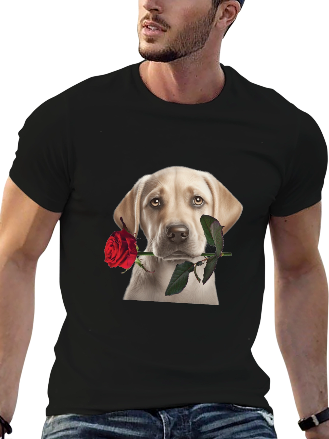Dog with Rose Graphic T-Shirt