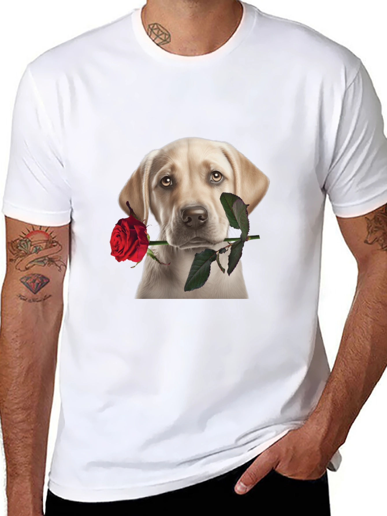 Dog with Rose Graphic T-Shirt
