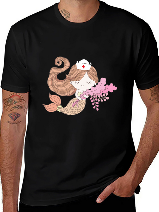 Mermaid Nurse Graphic Tee - Black Cotton T-Shirt