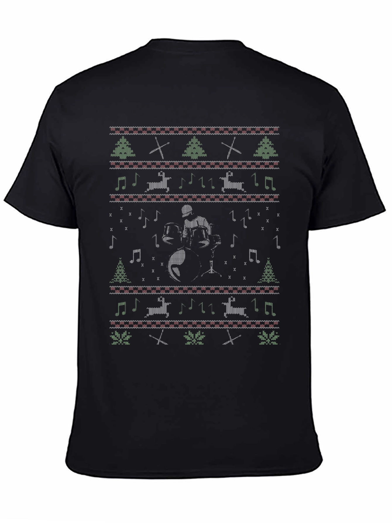 Drummer Christmas Pattern Black T-Shirt