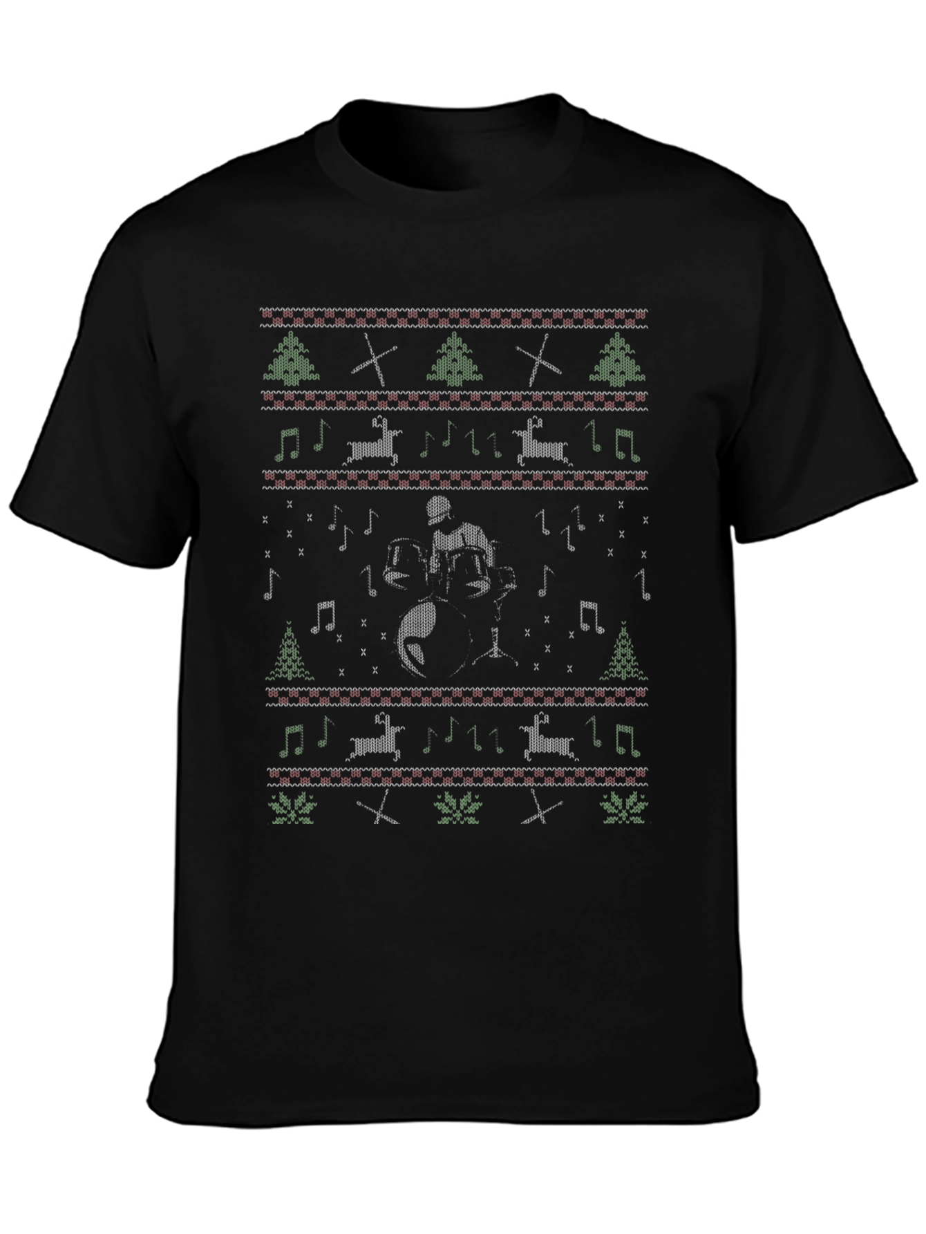 Drummer Christmas Pattern Black T-Shirt