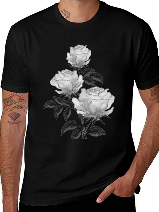 Elegant Rose Print Black T-Shirt