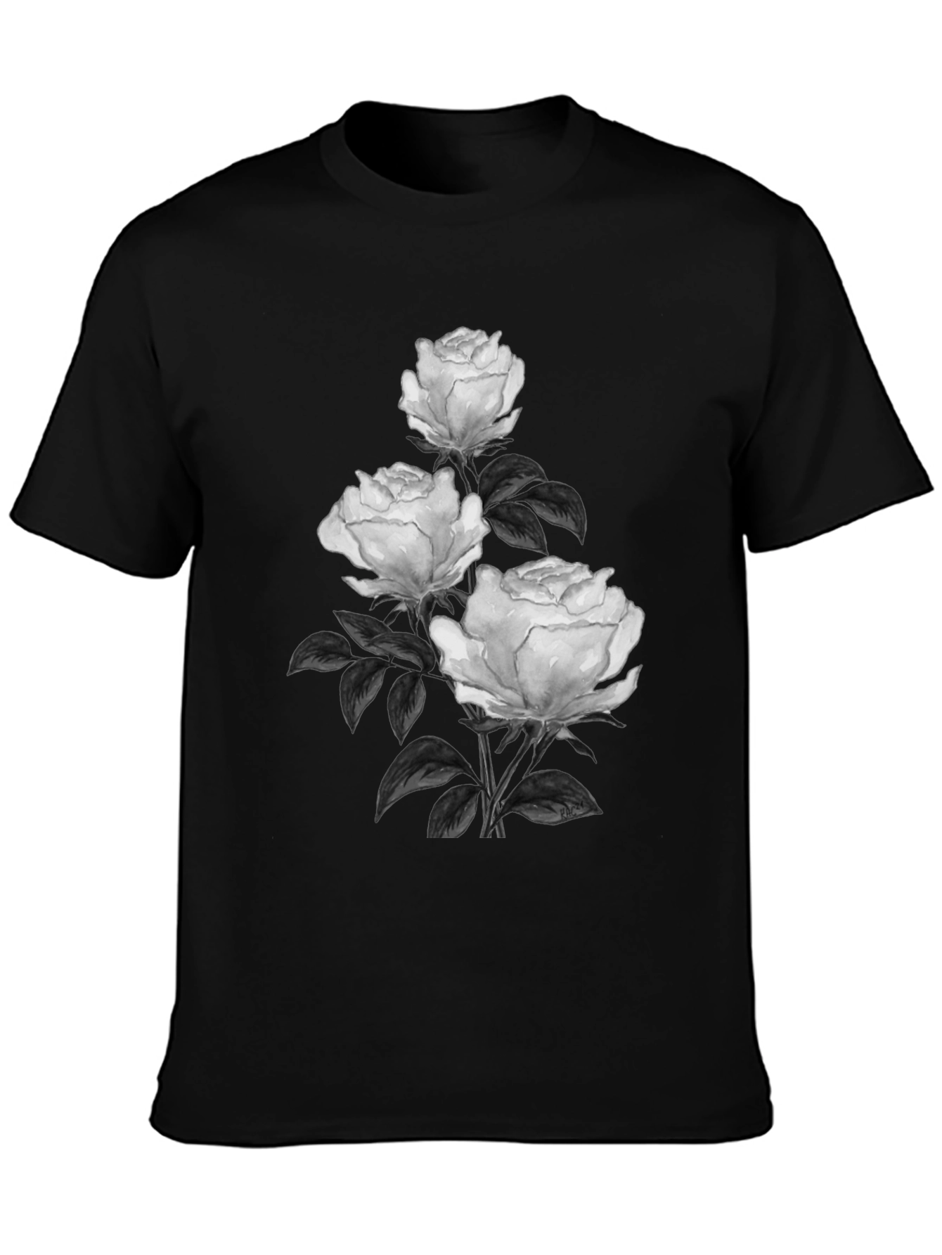 Elegant Rose Print Black T-Shirt