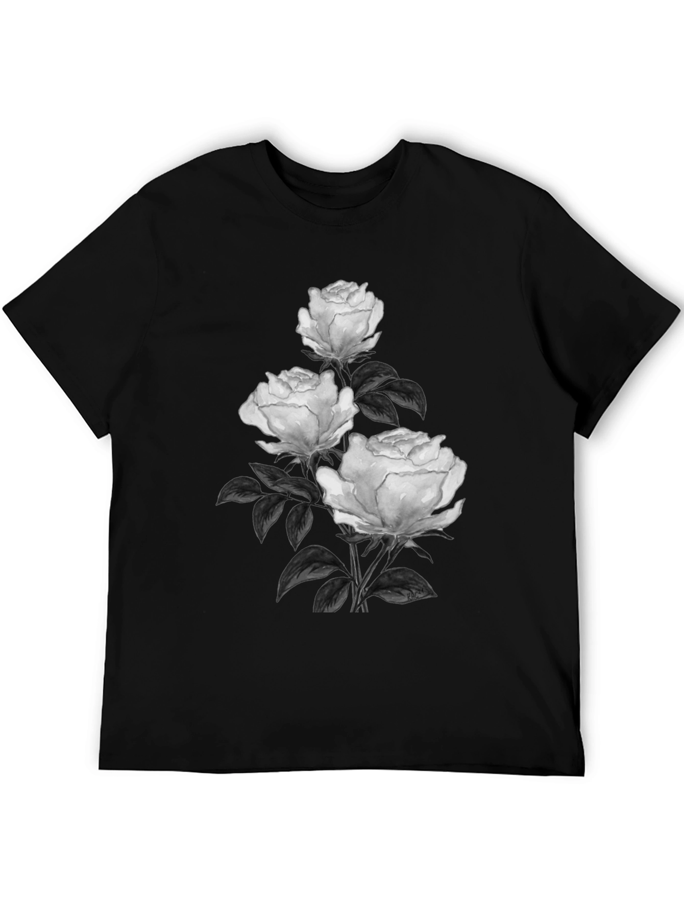 Elegant Rose Print Black T-Shirt