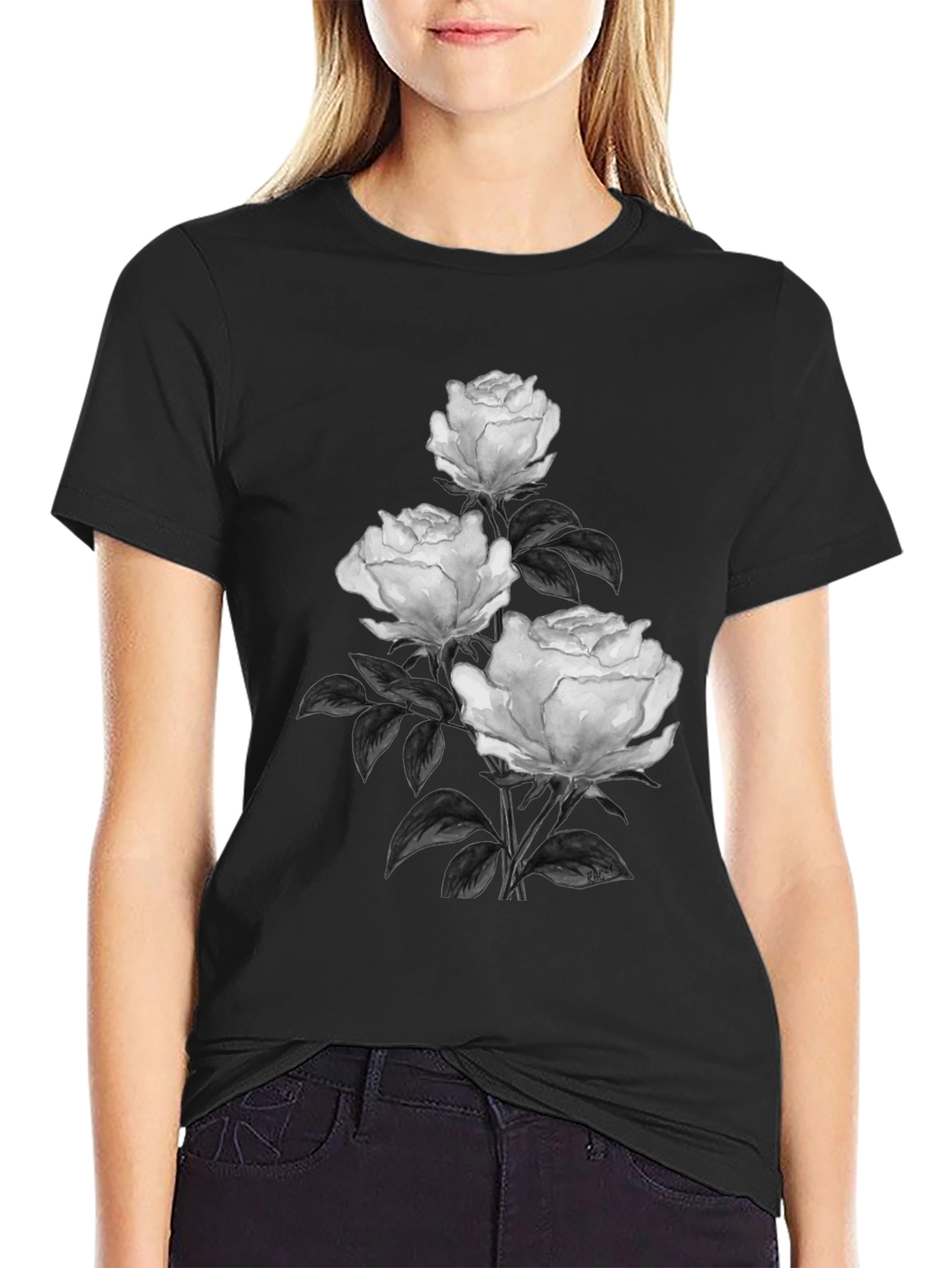 Elegant Rose Print Black T-Shirt