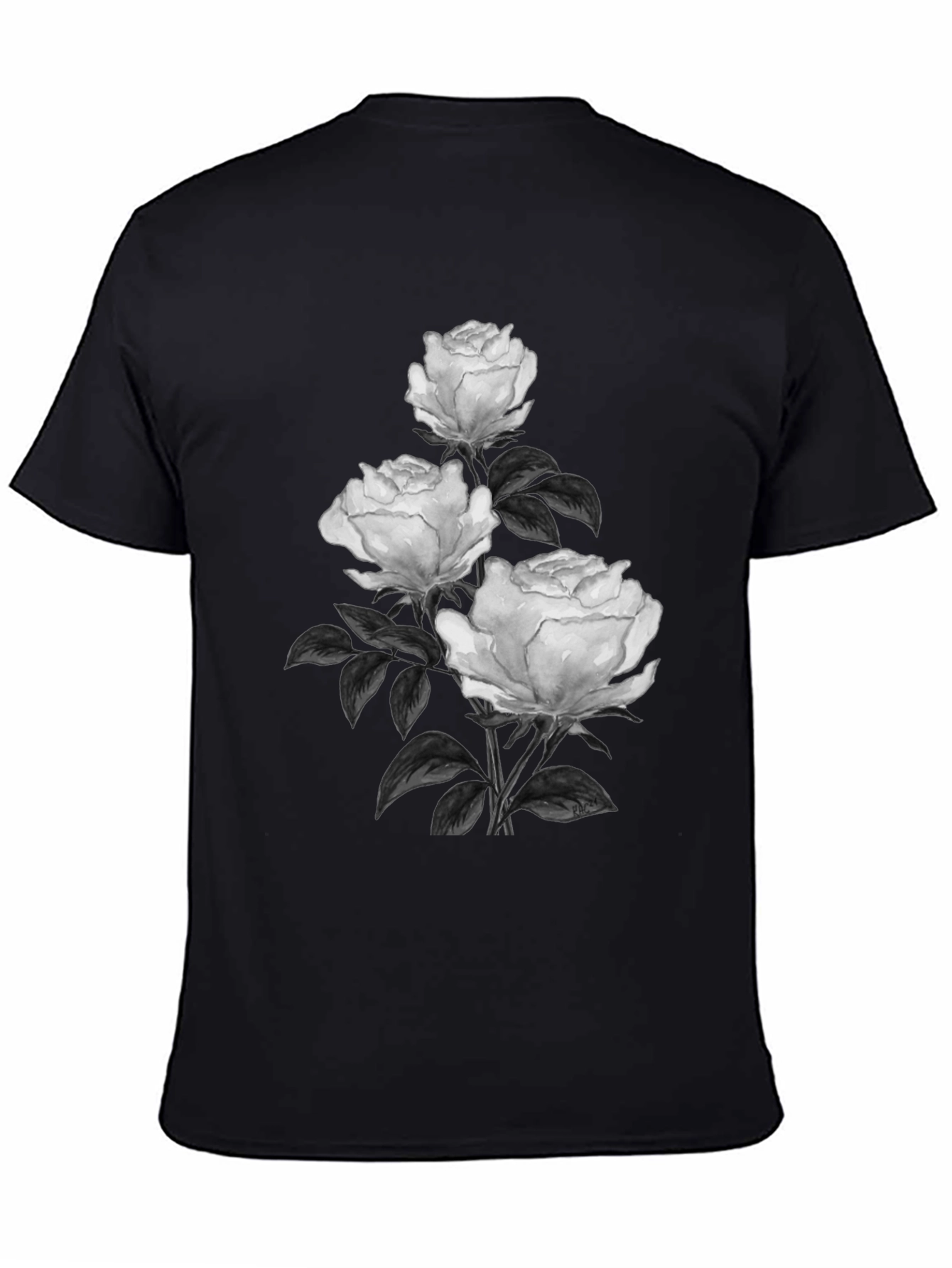 Elegant Rose Print Black T-Shirt