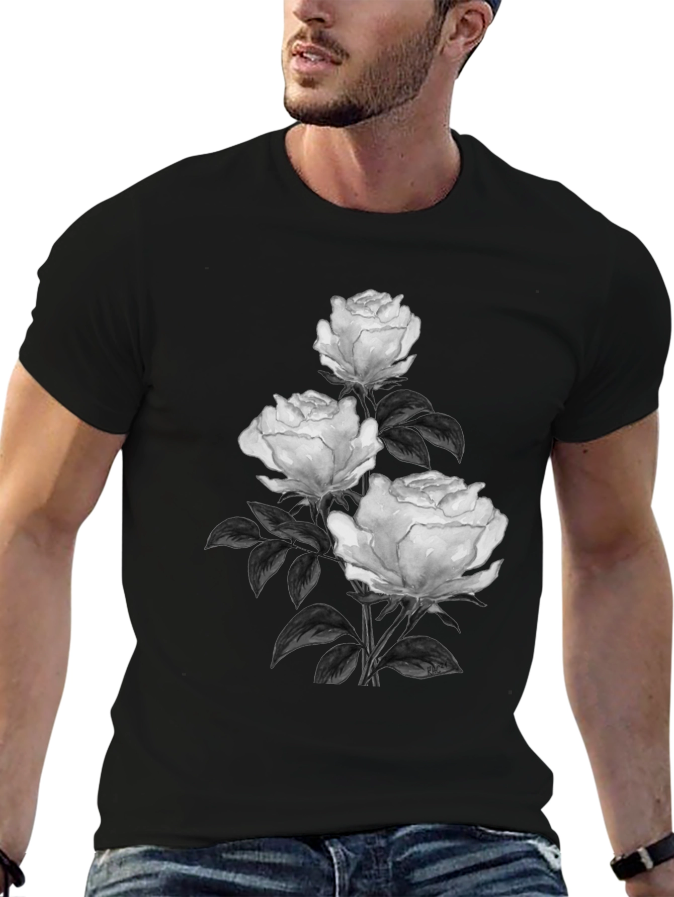 Elegant Rose Print Black T-Shirt
