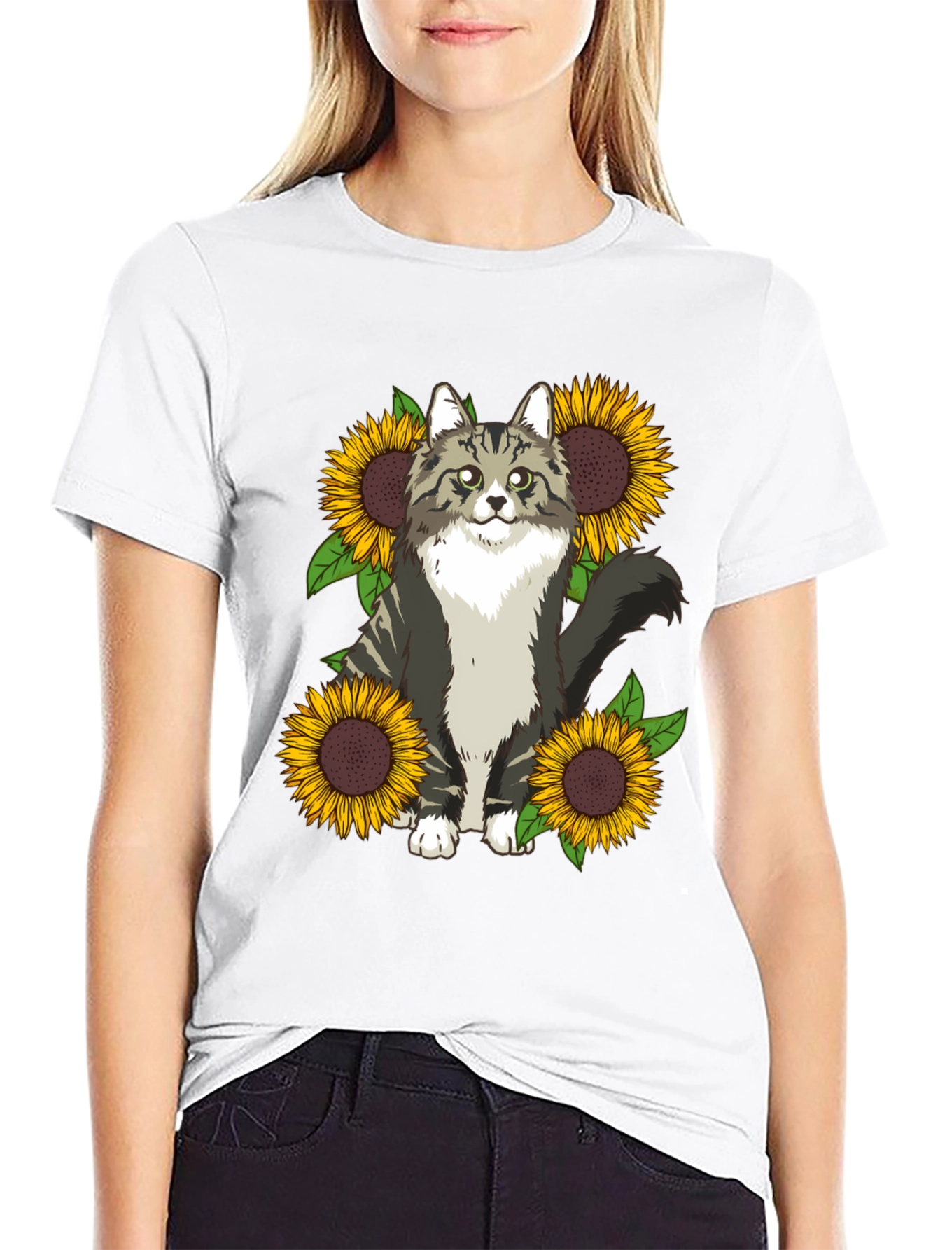 Cat and Sunflower Graphic Print T-Shirt