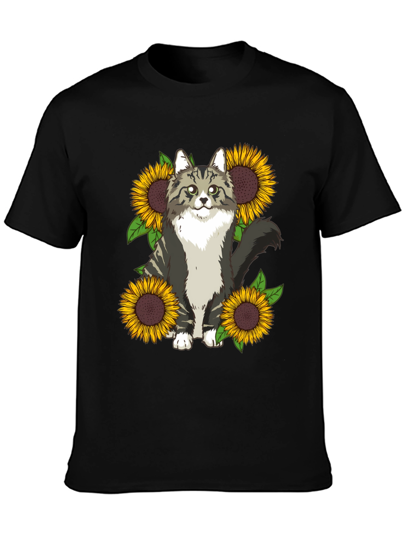 Cat and Sunflower Graphic Print T-Shirt
