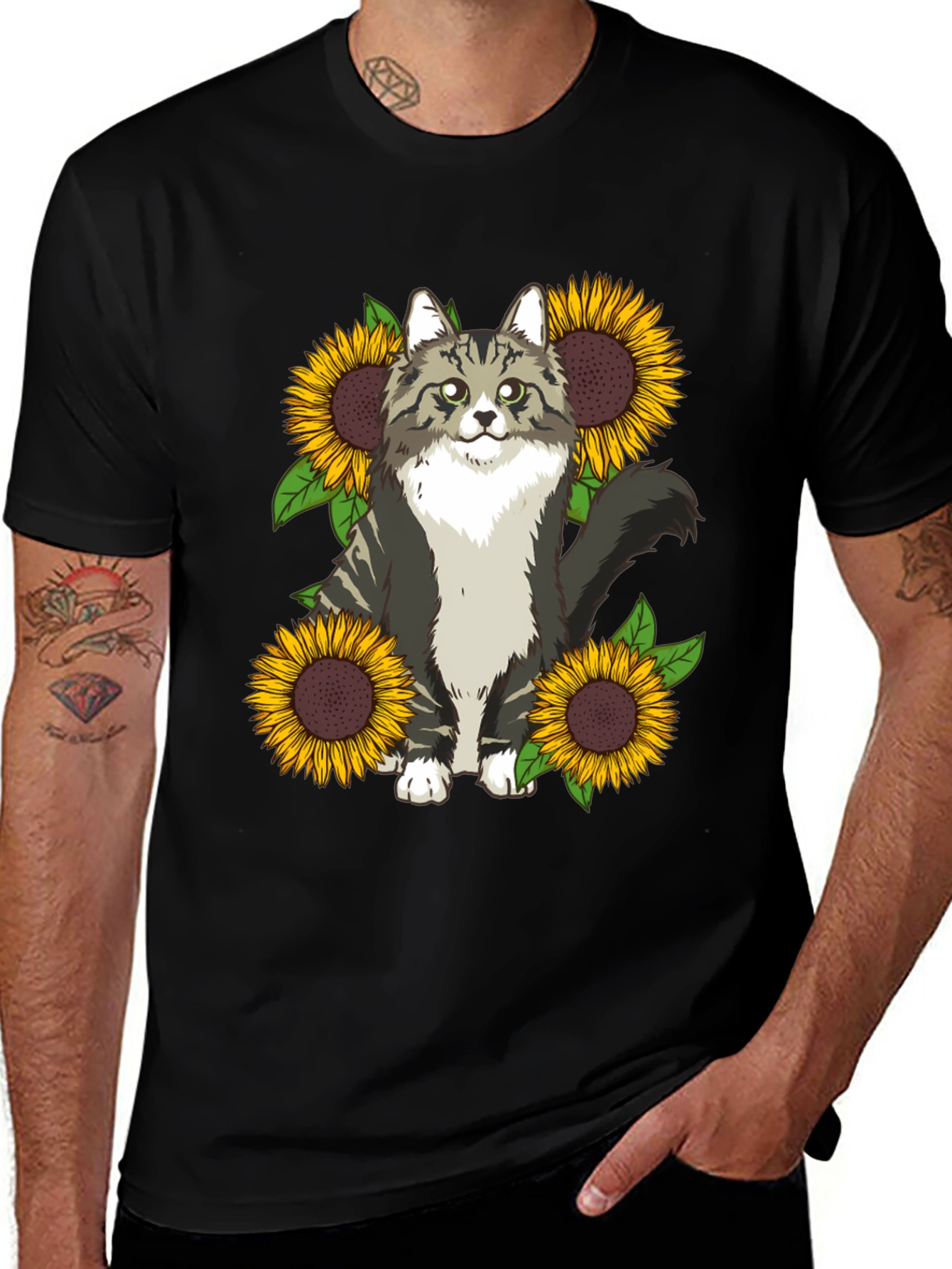 Cat and Sunflower Graphic Print T-Shirt