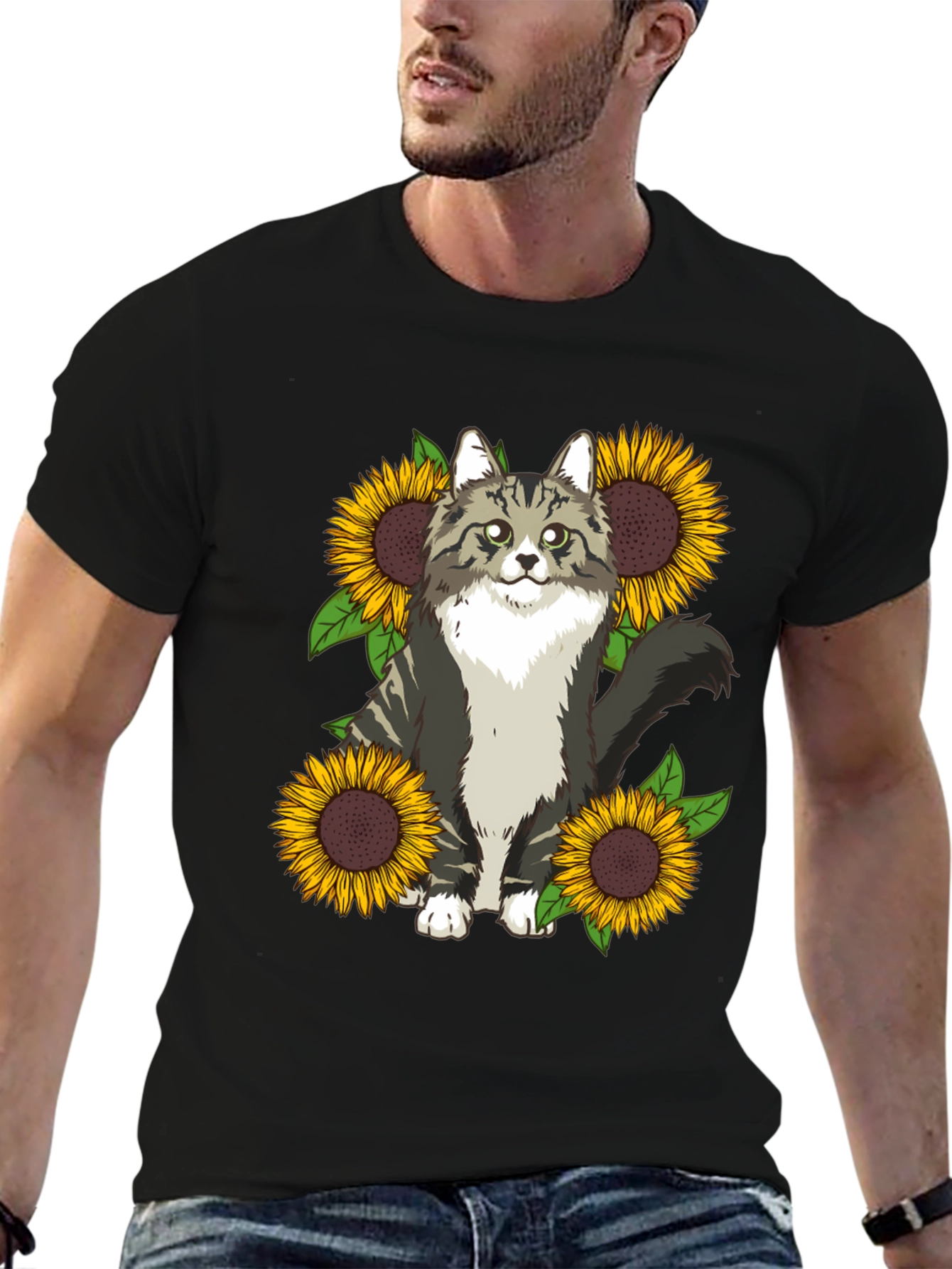Cat and Sunflower Graphic Print T-Shirt
