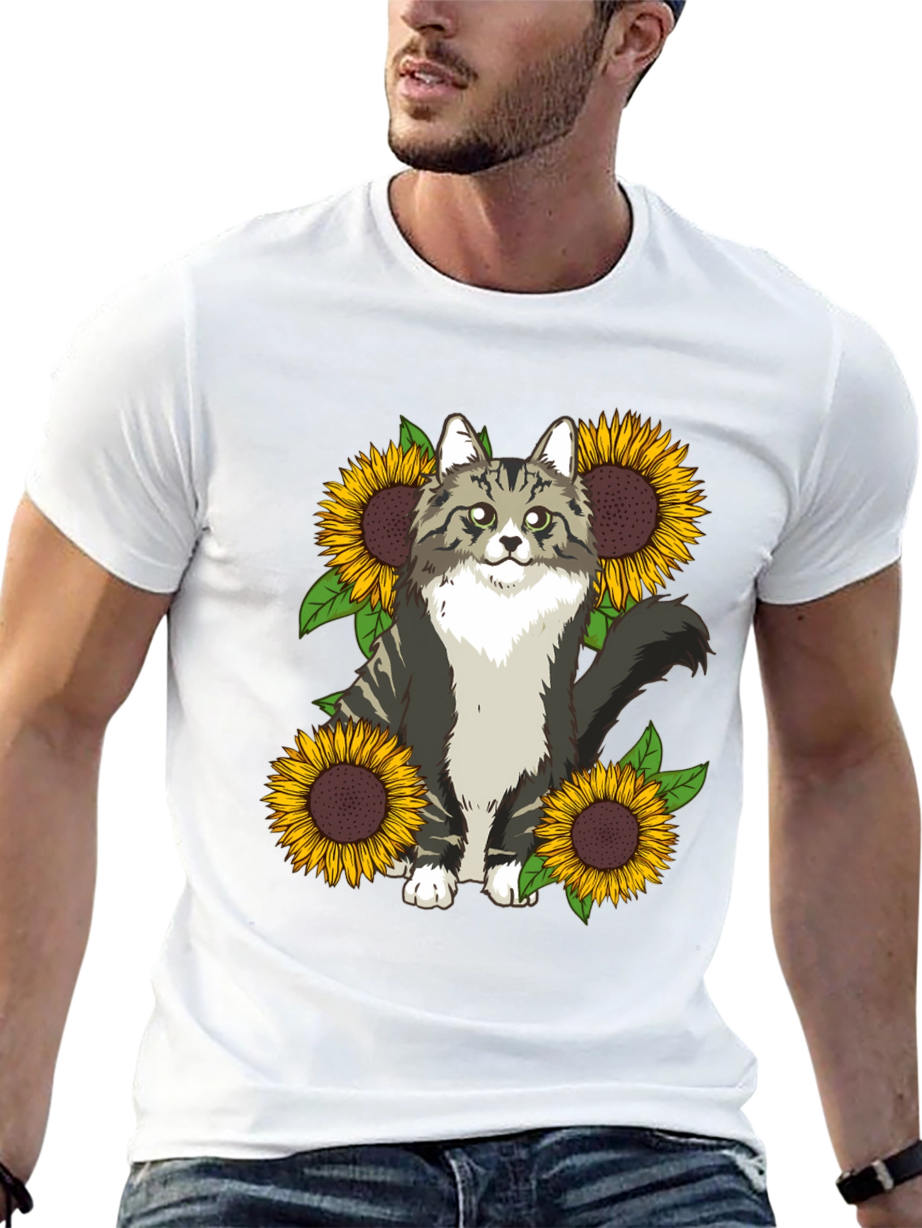 Cat and Sunflower Graphic Print T-Shirt