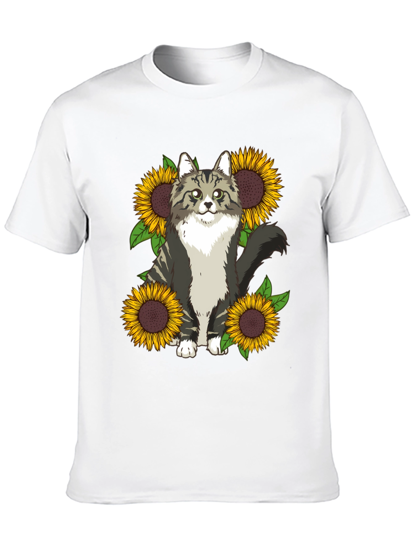 Cat and Sunflower Graphic Print T-Shirt