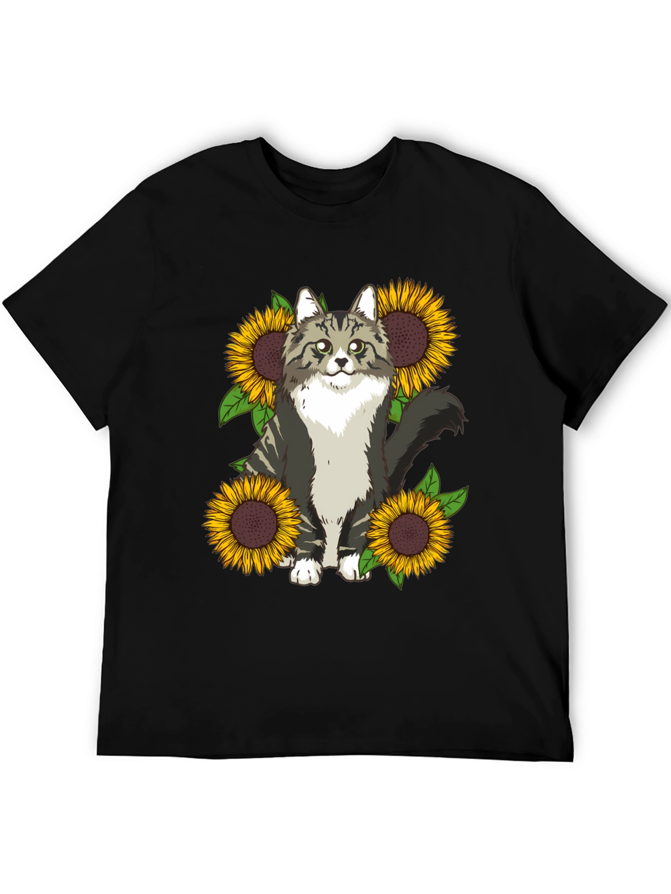 Cat and Sunflower Graphic Print T-Shirt
