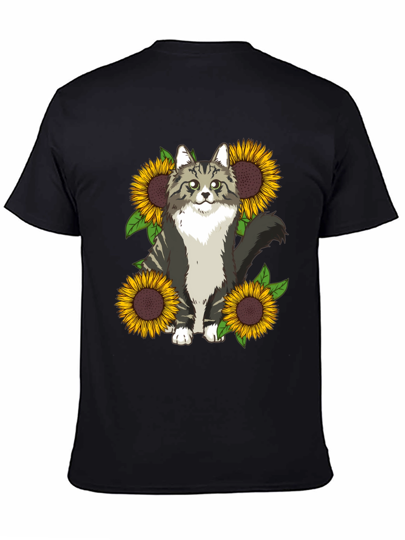 Cat and Sunflower Graphic Print T-Shirt
