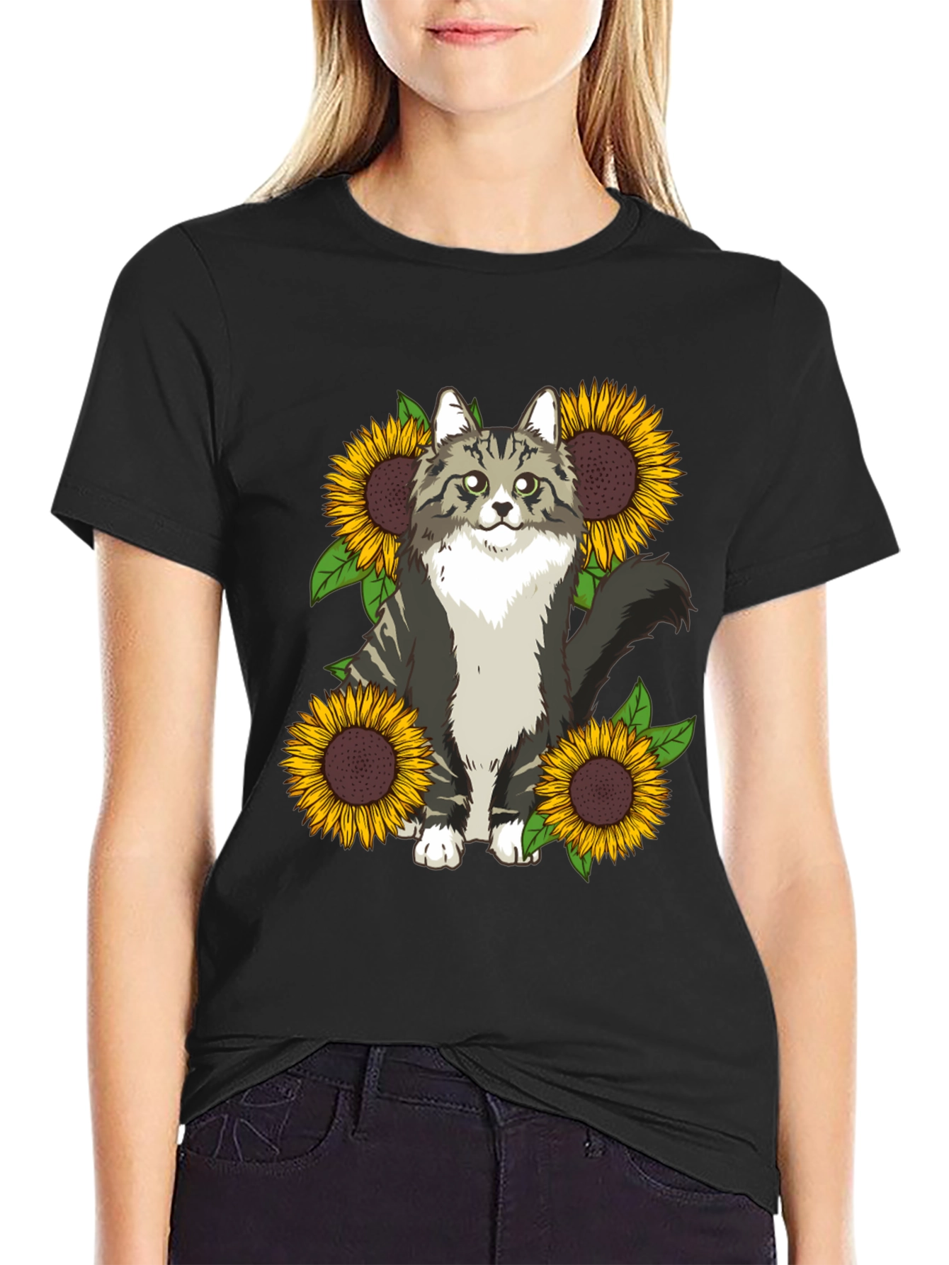 Cat and Sunflower Graphic Print T-Shirt