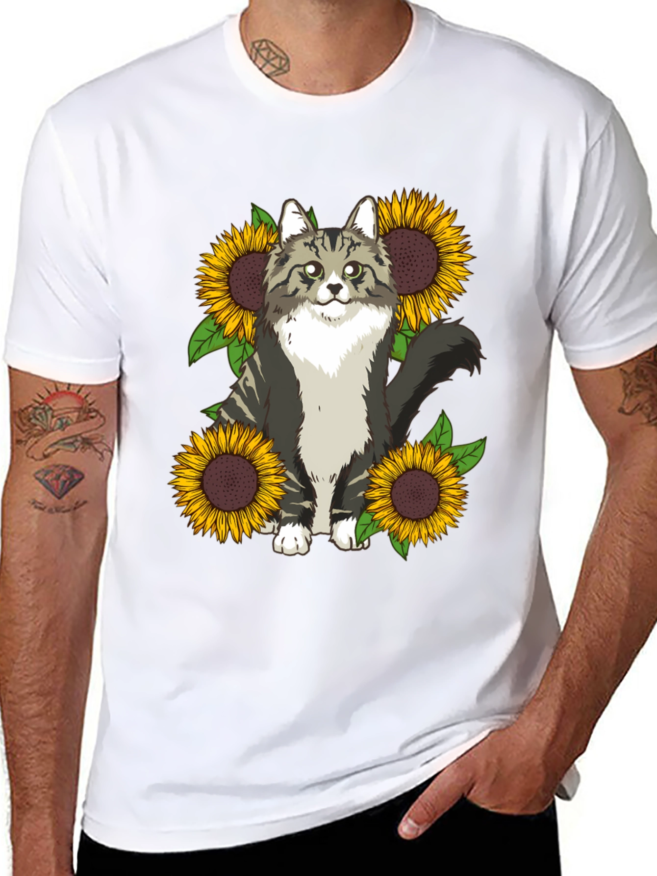 Cat and Sunflower Graphic Print T-Shirt