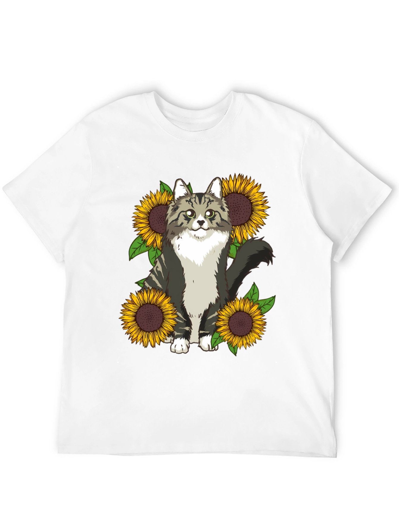Cat and Sunflower Graphic Print T-Shirt