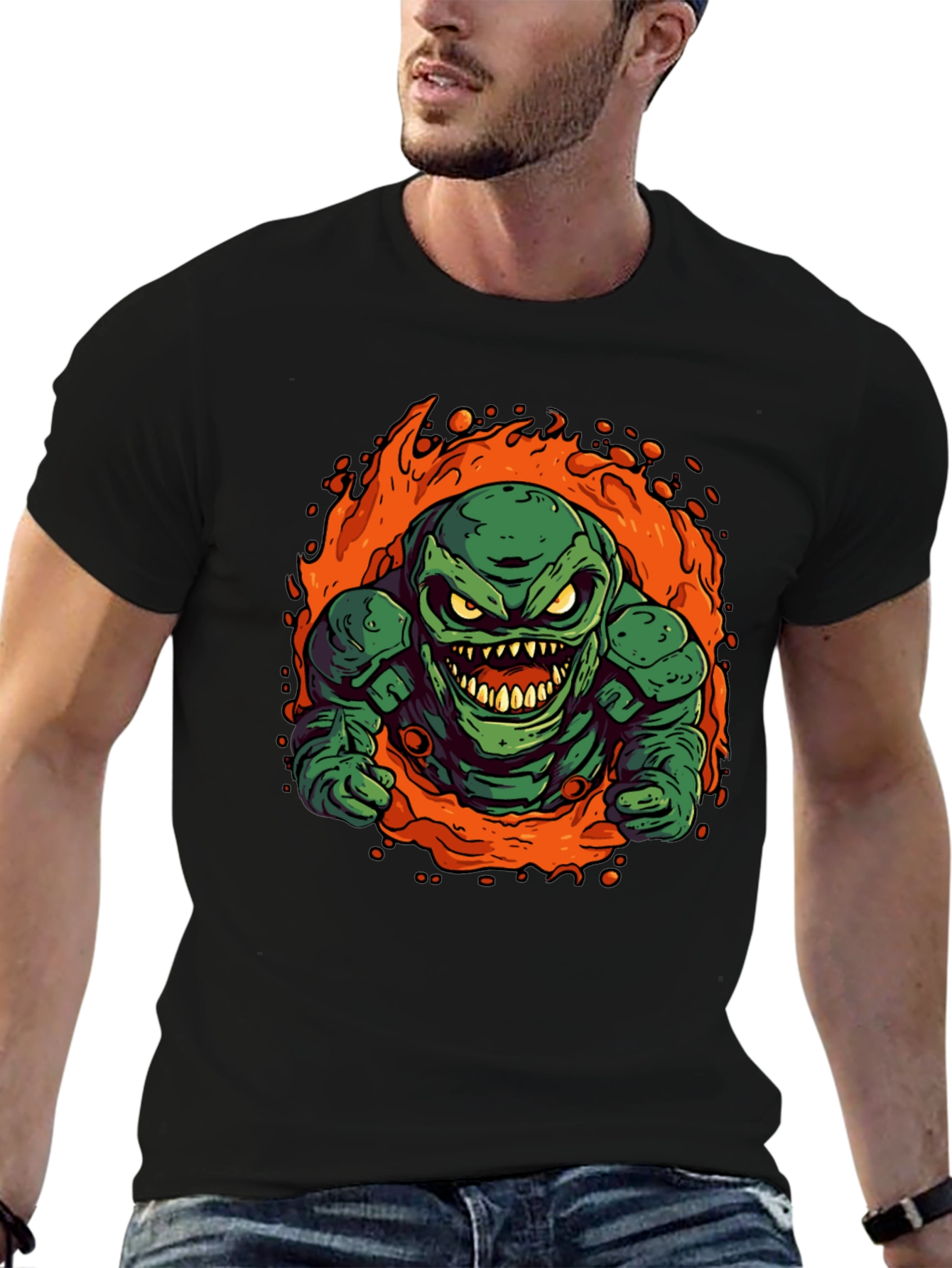 Fiery Green Monster Graphic Tee - Black