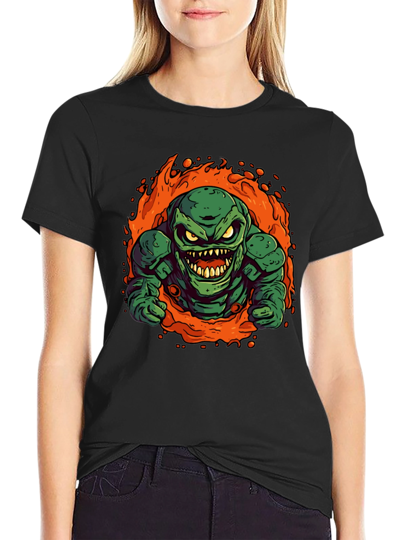 Fiery Green Monster Graphic Tee - Black