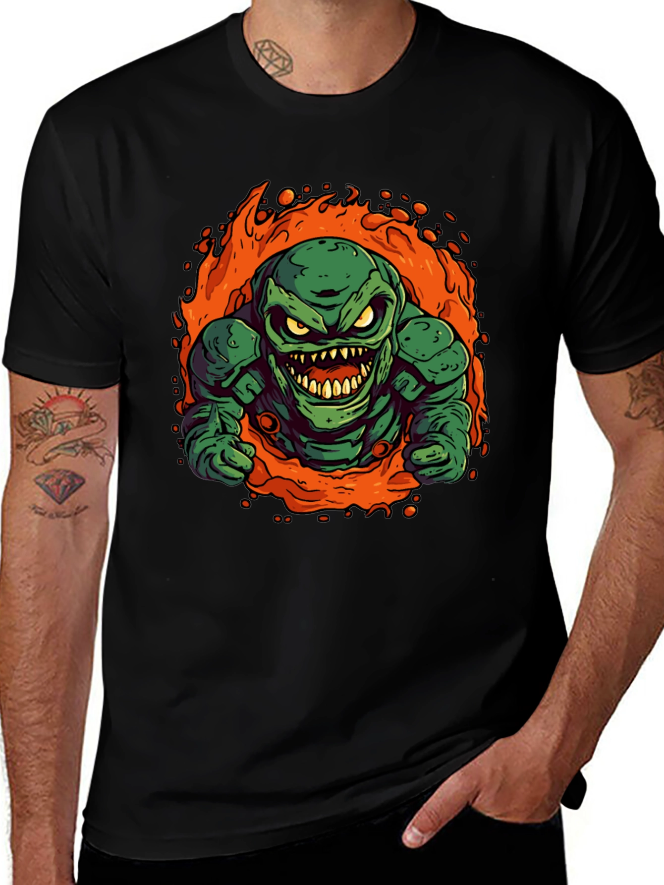 Fiery Green Monster Graphic Tee - Black