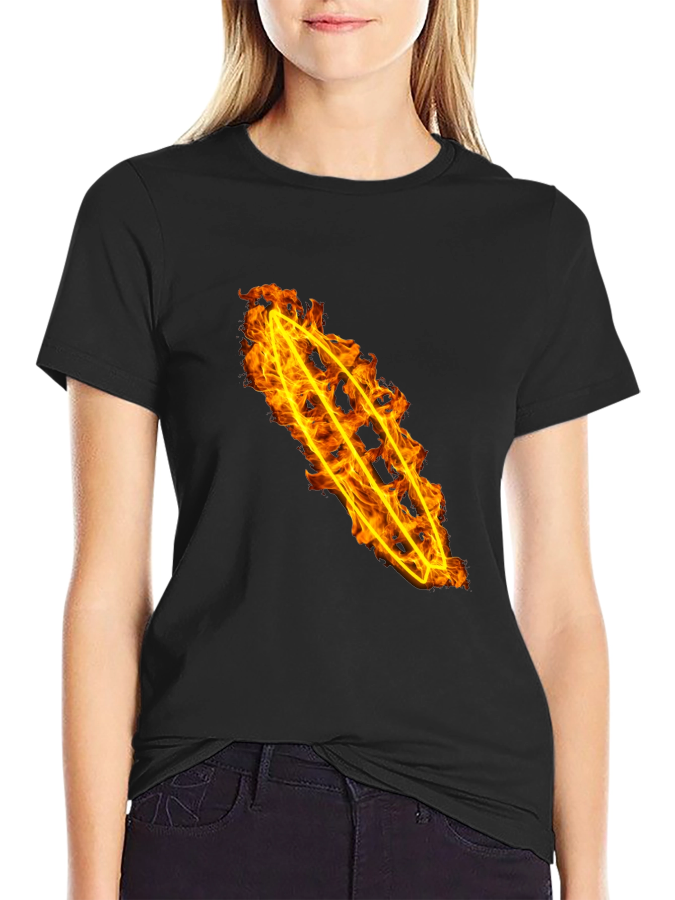 Fiery Flame Design Black Cotton Tee