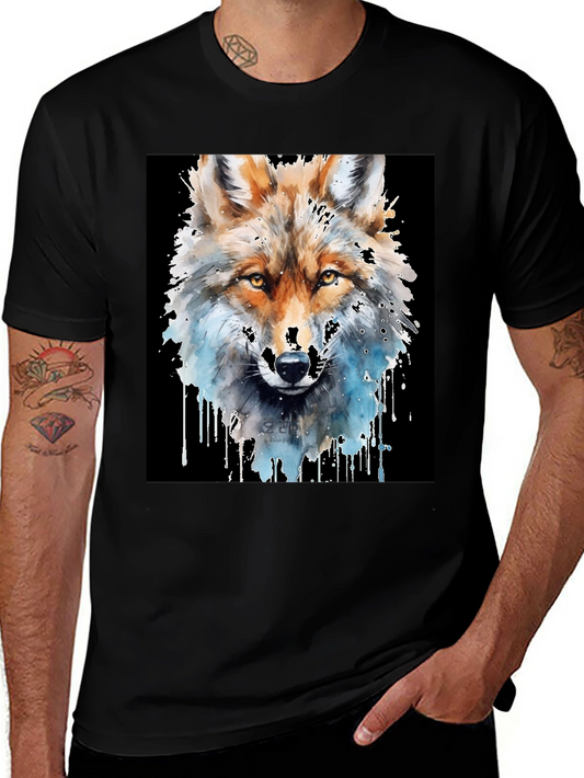 Wolf Watercolor Graphic Tee - Black Cotton T-Shirt