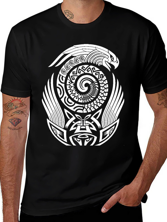 Aztec Eagle Spiral Design Black T-Shirt
