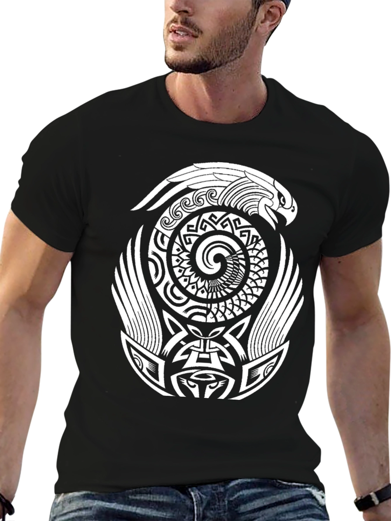 Aztec Eagle Spiral Design Black T-Shirt