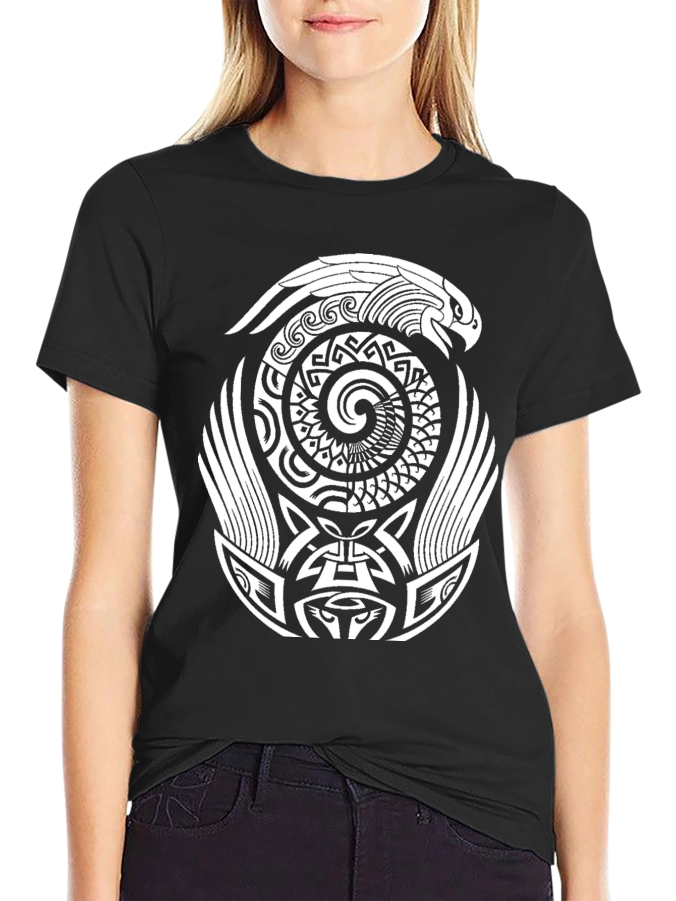 Aztec Eagle Spiral Design Black T-Shirt