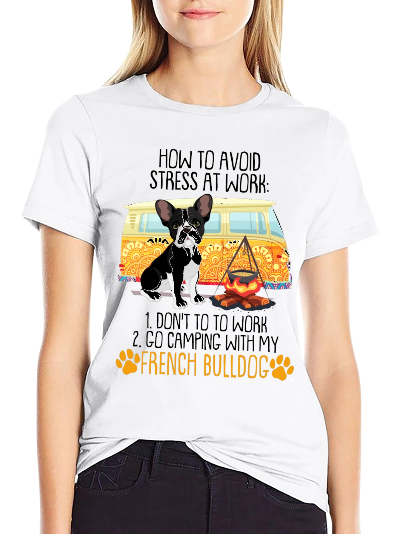 French Bulldog Camping T-Shirt: Stress-Free Work Solution