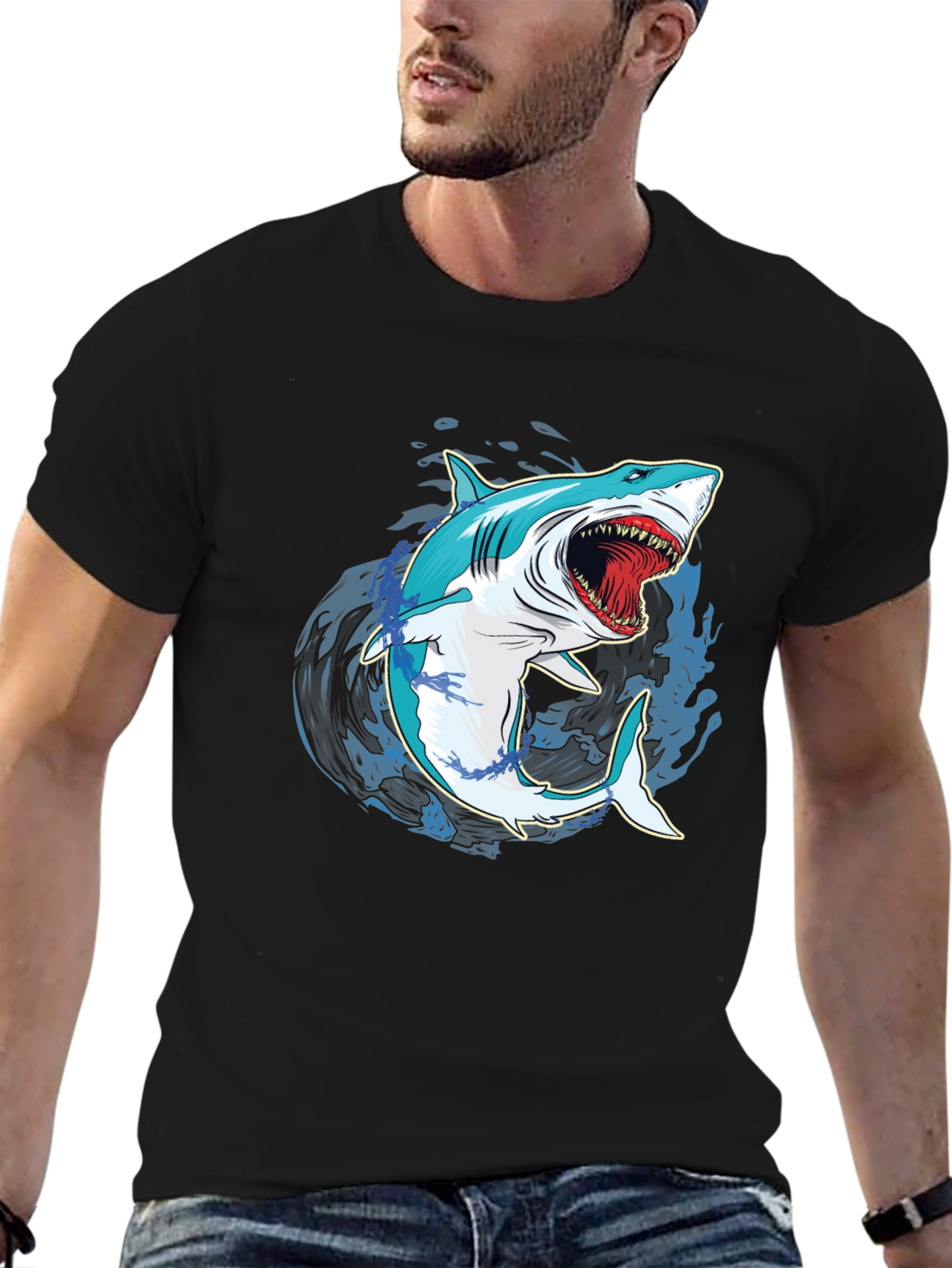 Shark Graphic Print Mens Black T-Shirt