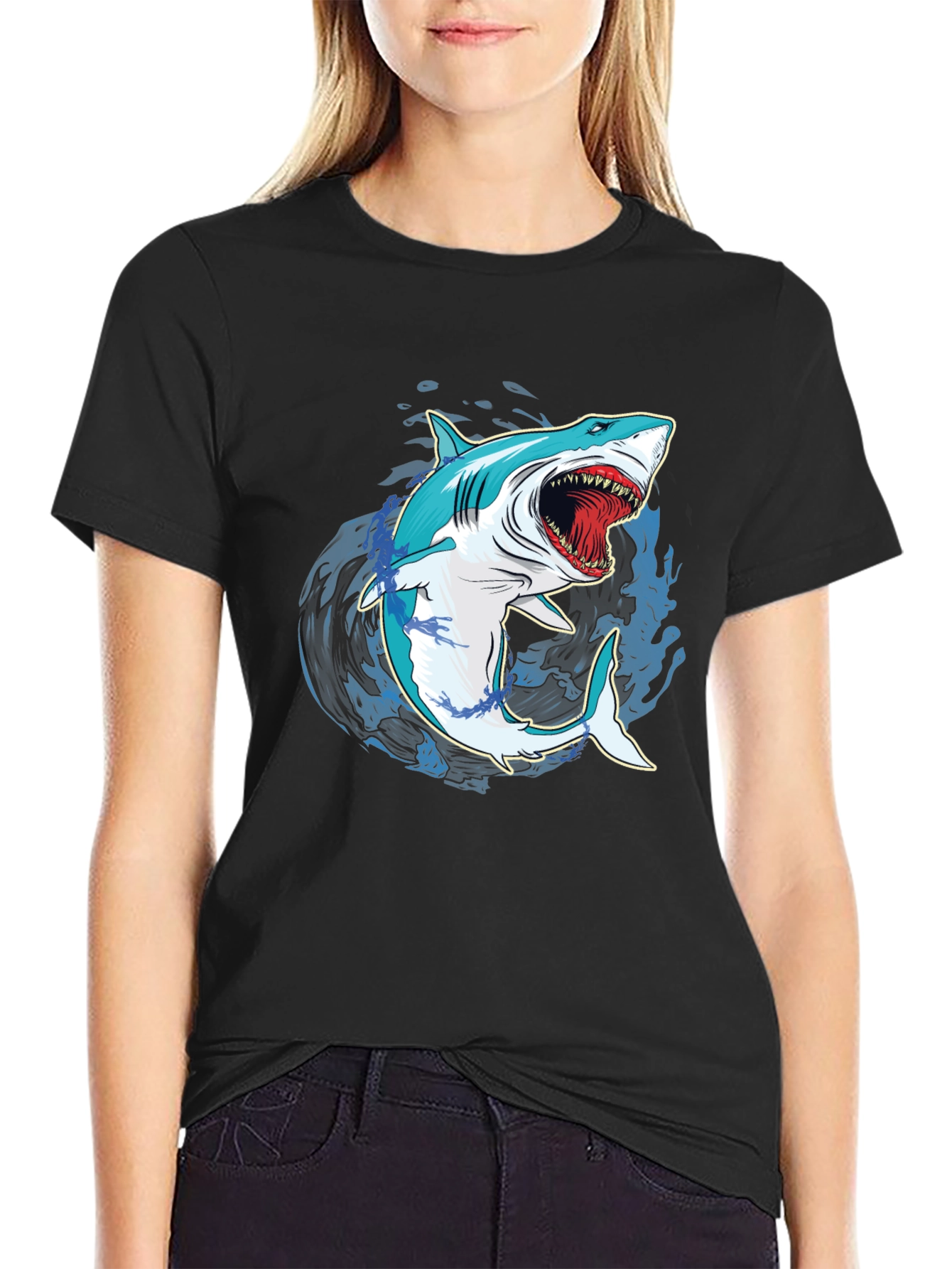 Shark Graphic Print Mens Black T-Shirt
