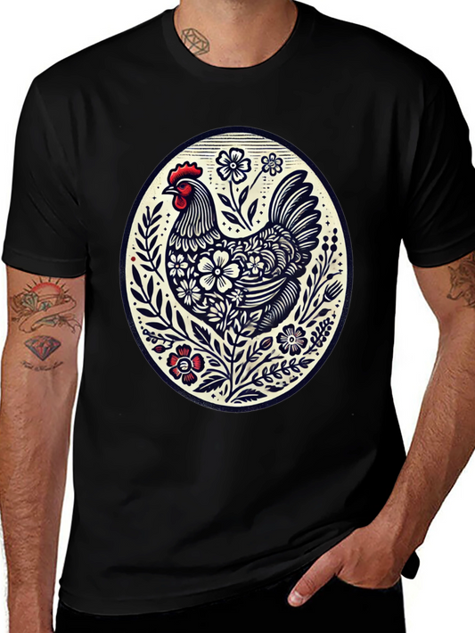 Floral Chicken Graphic Tee - Black Cotton Casual Shirt