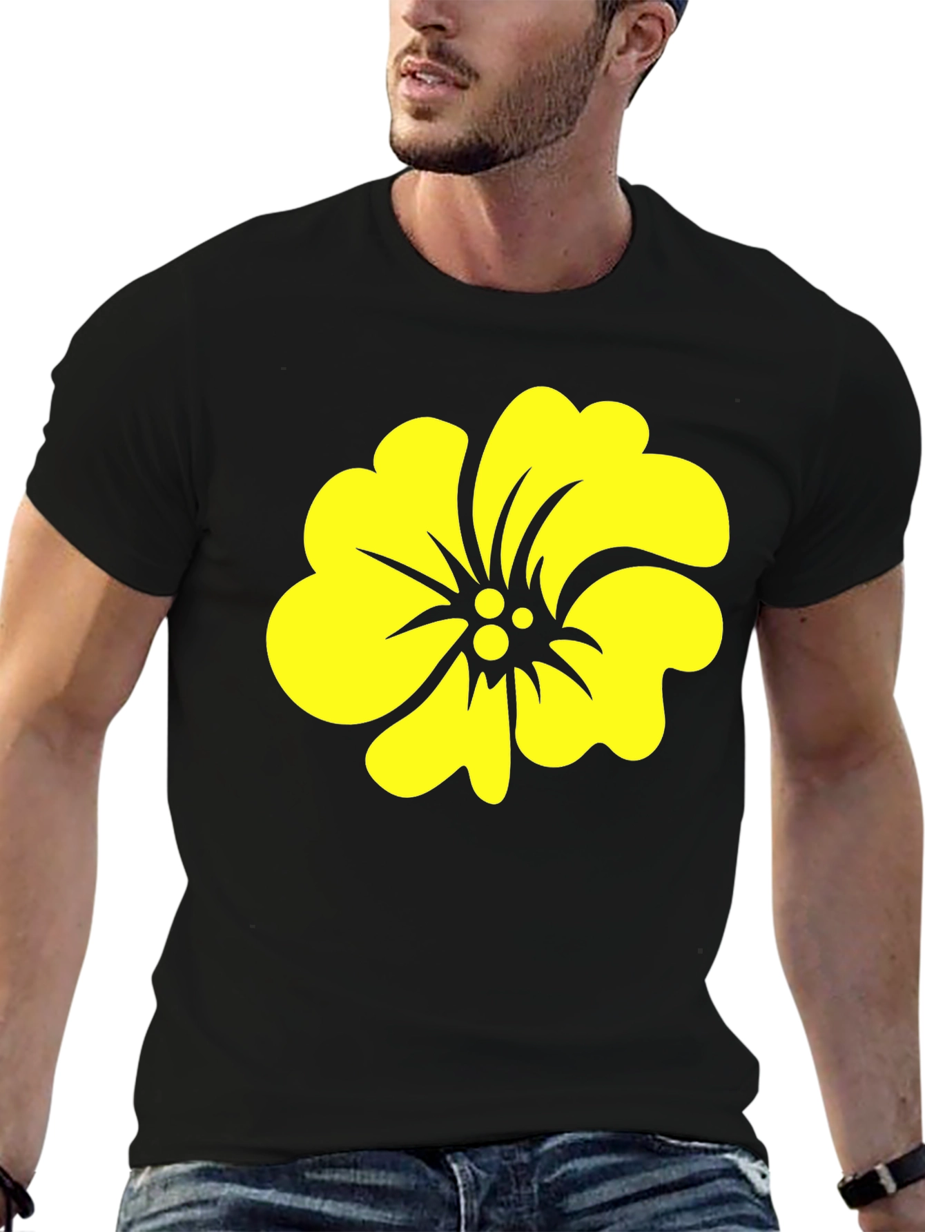 Black Tee with Yellow Hibiscus Flower Graphic