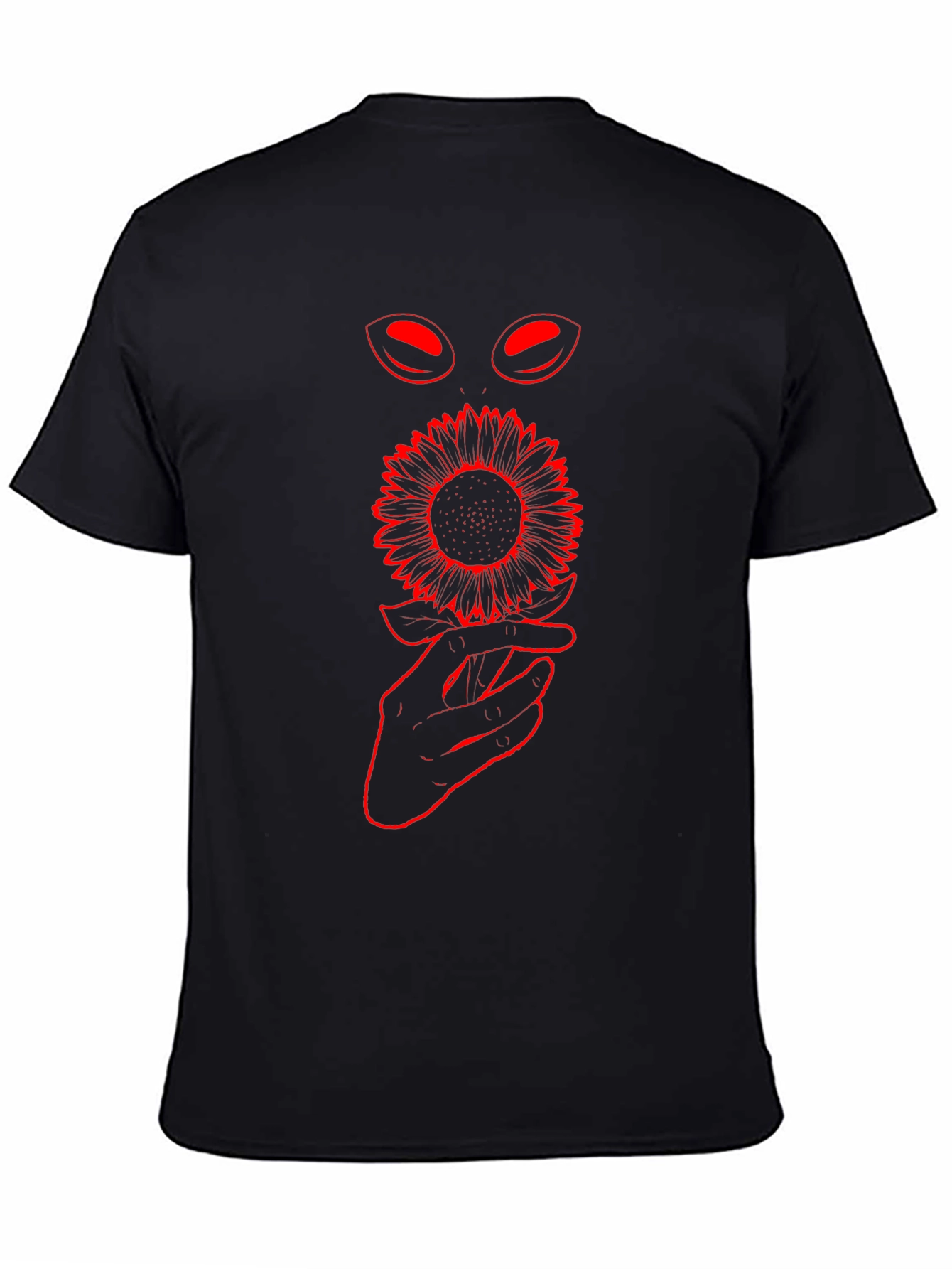 Black T-Shirt with Sunflower and Alien Eye Graphic