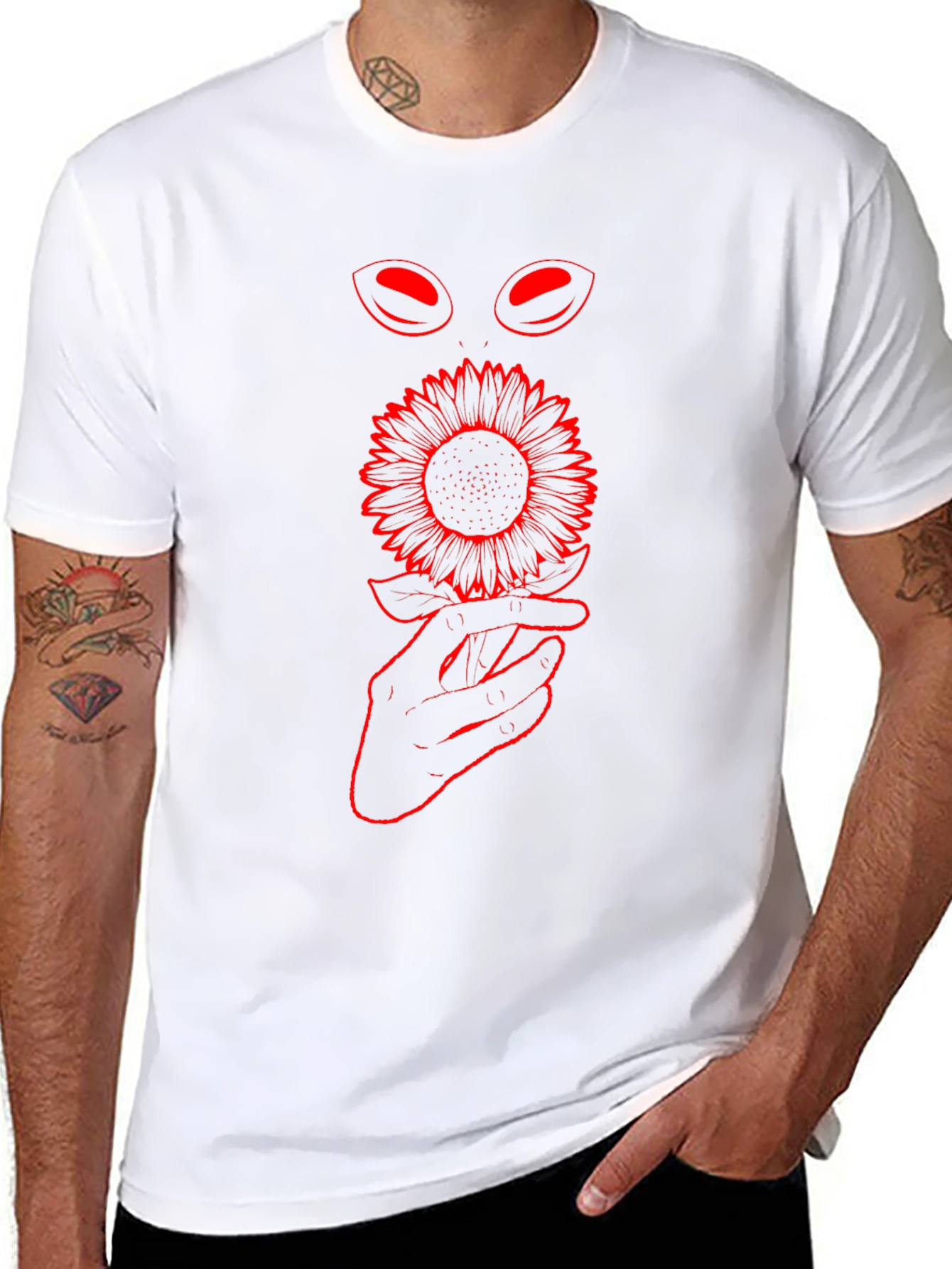 Black T-Shirt with Sunflower and Alien Eye Graphic