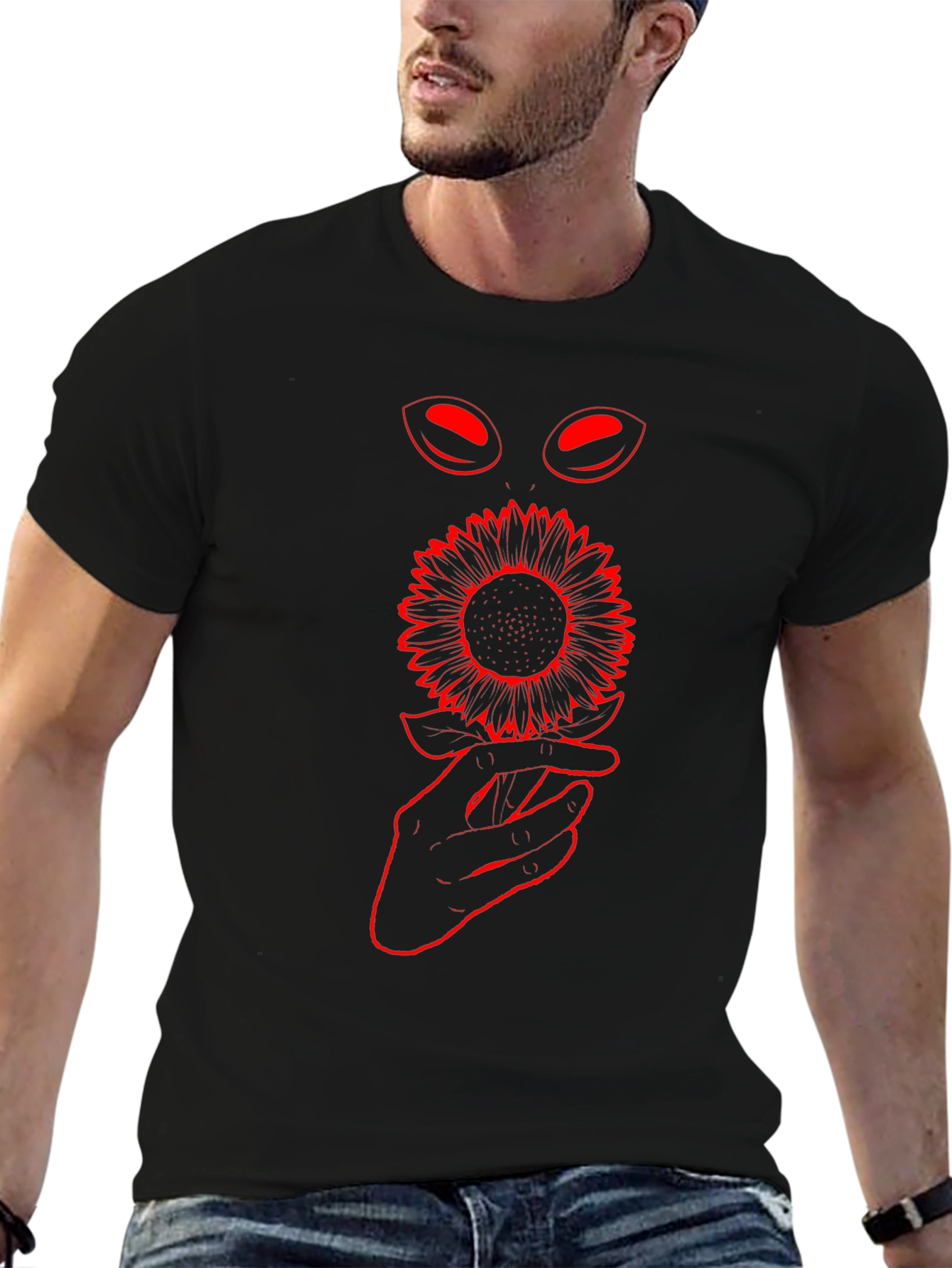 Black T-Shirt with Sunflower and Alien Eye Graphic