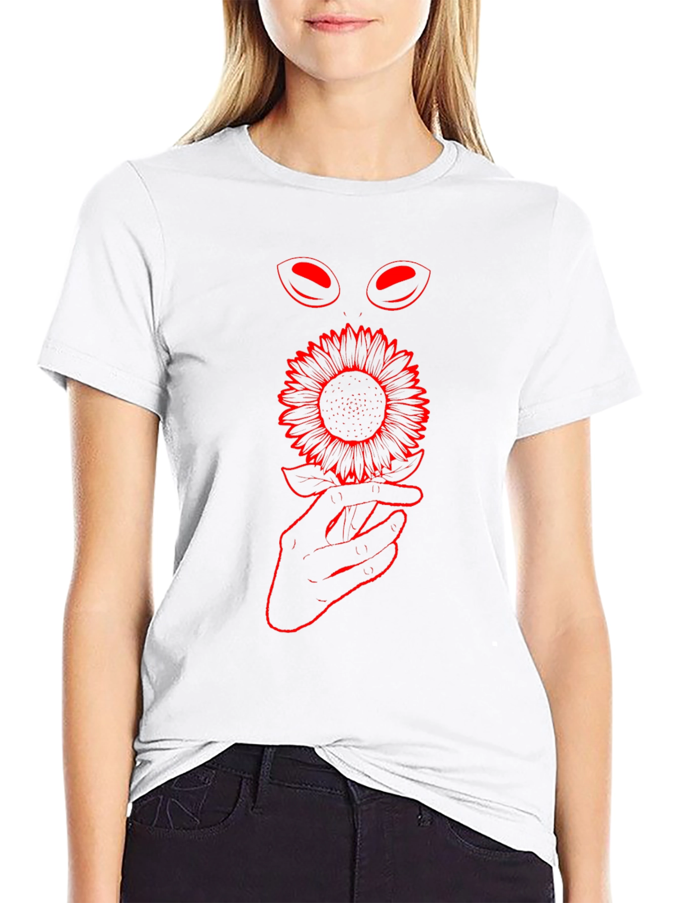 Black T-Shirt with Sunflower and Alien Eye Graphic