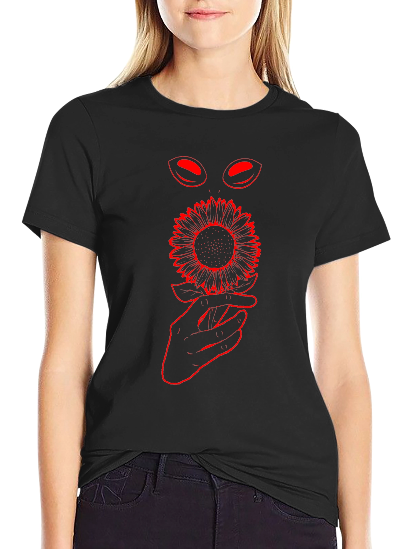 Black T-Shirt with Sunflower and Alien Eye Graphic